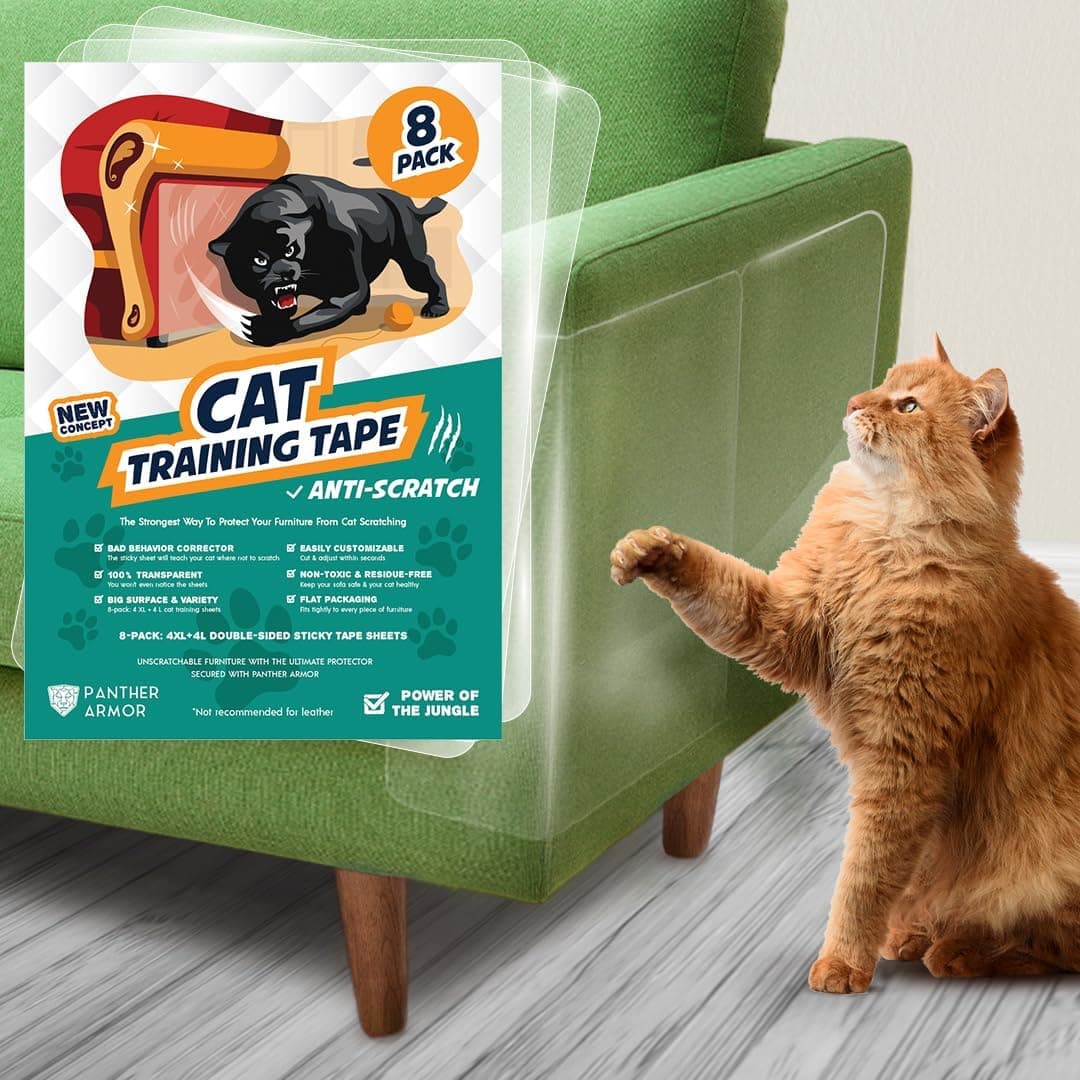 Panther Armor Cat Scratch Deterrent Tape - 8-Pack Double Sided Sofa Anti Scratching Sticky Tape - 4-Pack XL + 4-Pack L Couch Corner Anti Cat Scratch Furniture Protector from Cats - Cat Couch Protector