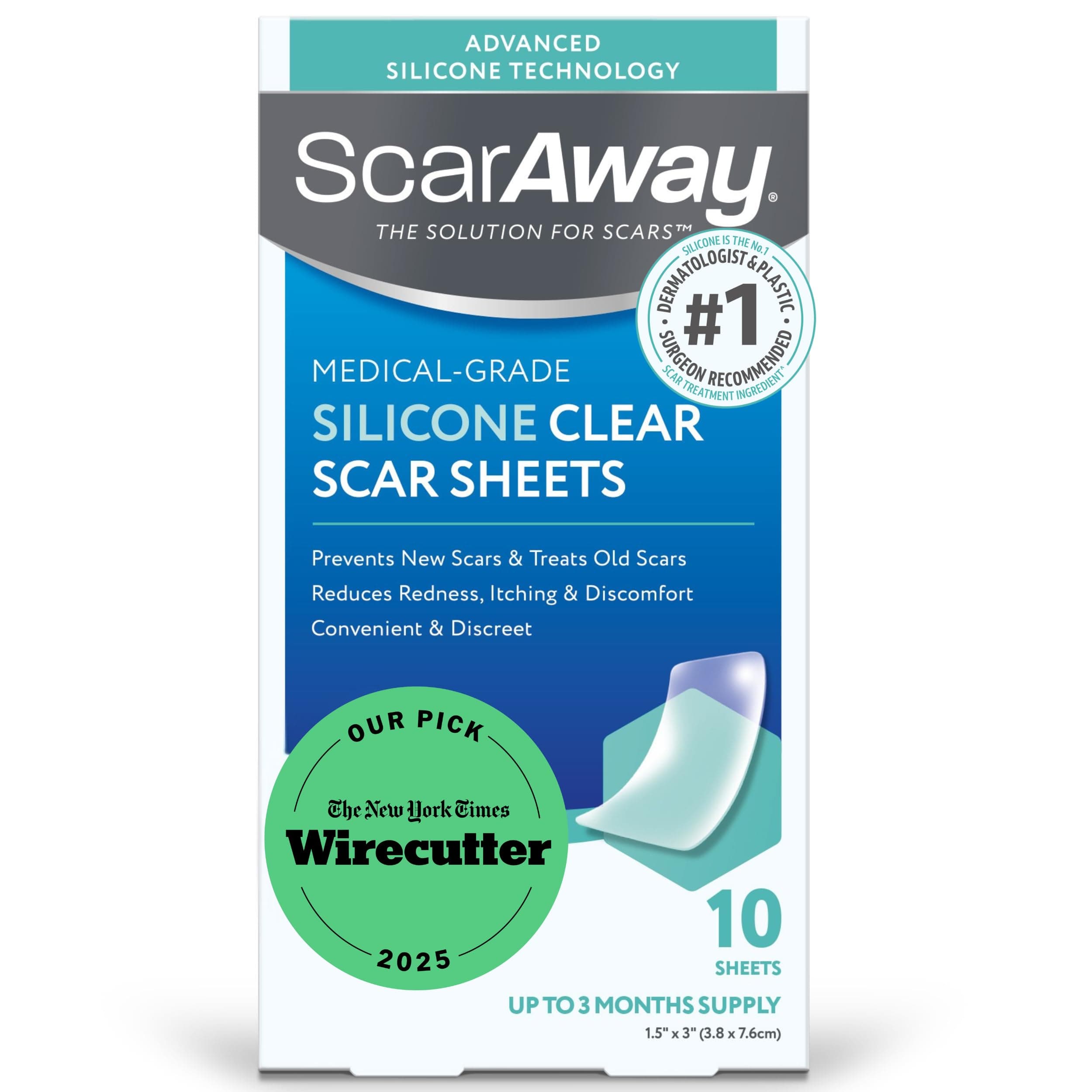 ScarAway Clear Silicone Scar Sheets, White, 10 Count