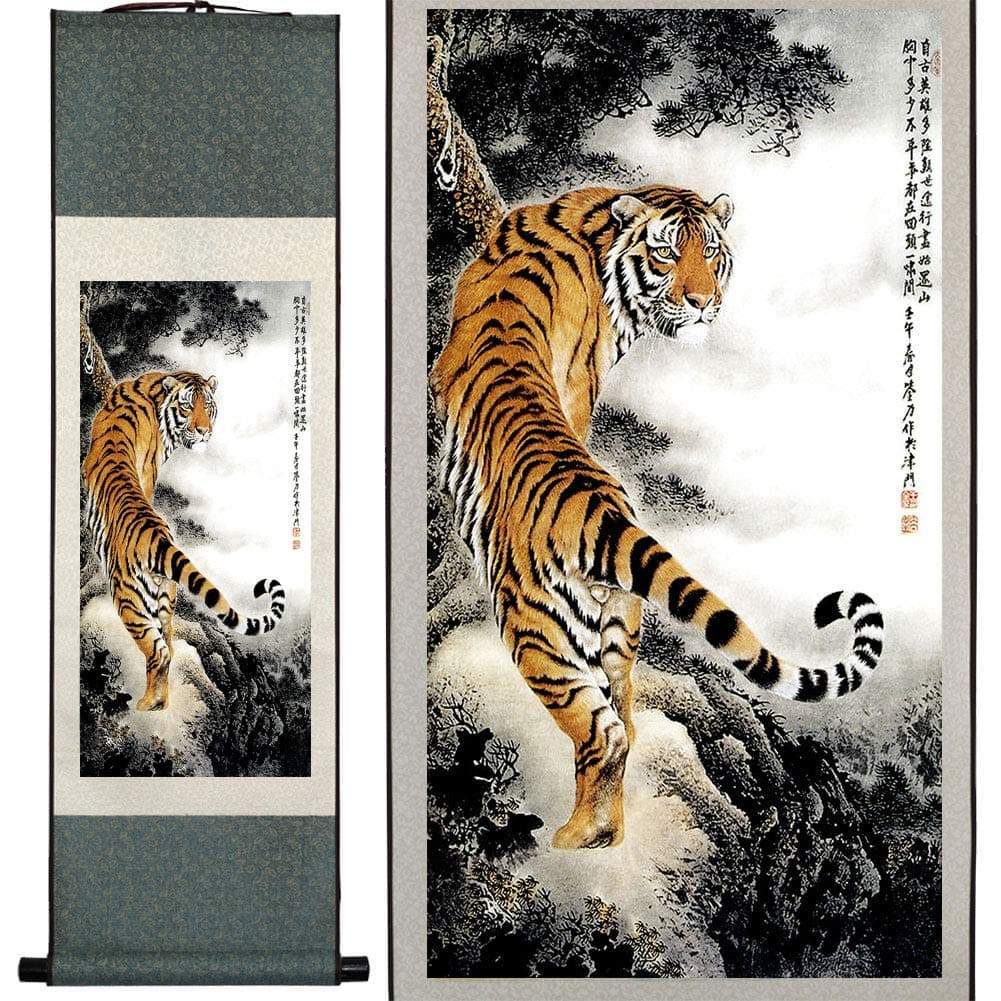sweethome Asian Silk Scroll & Picture Scroll & Wall Scroll Calligraphy Hanging Artwork (Tiger)