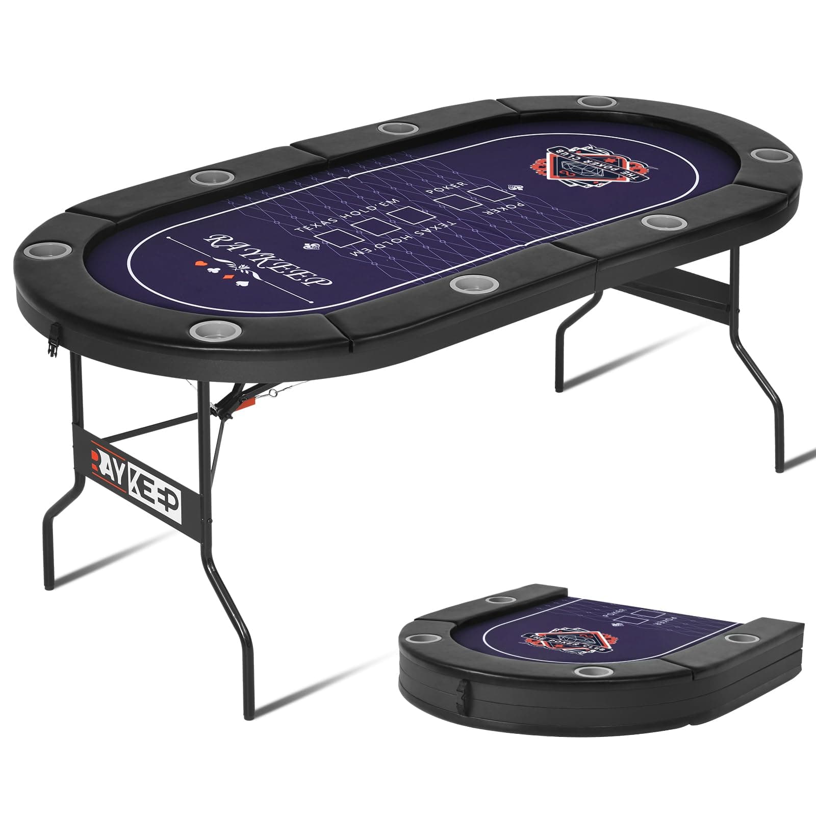 RAYKEEP Poker Table Foldable, 8 Player Folding Poker Tables w/Collapsible Legs, Casino Grade Felt, Padded Rails and Cup Holders, Portable Poker Table for Texas Holdem Poker and Blackjack, 71 Inch