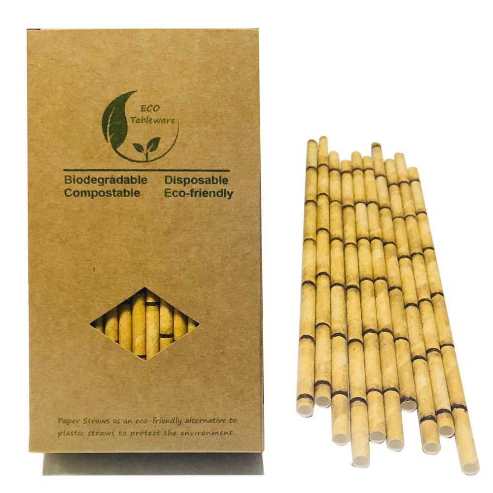 Yellow Bamboo Paper Straws, 100 Pack Biodegradable Disposable Bamboo Pattern Drinking Straws for Cake Topper Party Decorations, Replace Plastic Straws