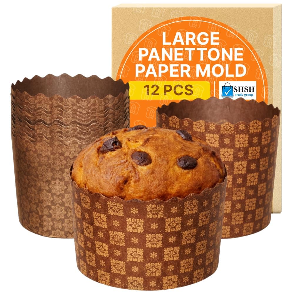 Easter Bread Forms Paska Mold Kulich Paskha Pantone 12 pcs - Easter Bread Paper Mold Panettone Paper Mold - 12 oz Standard Non Stick Panettone Paper Bread Baking Molds - Brown Design W4.33xH3.35-In