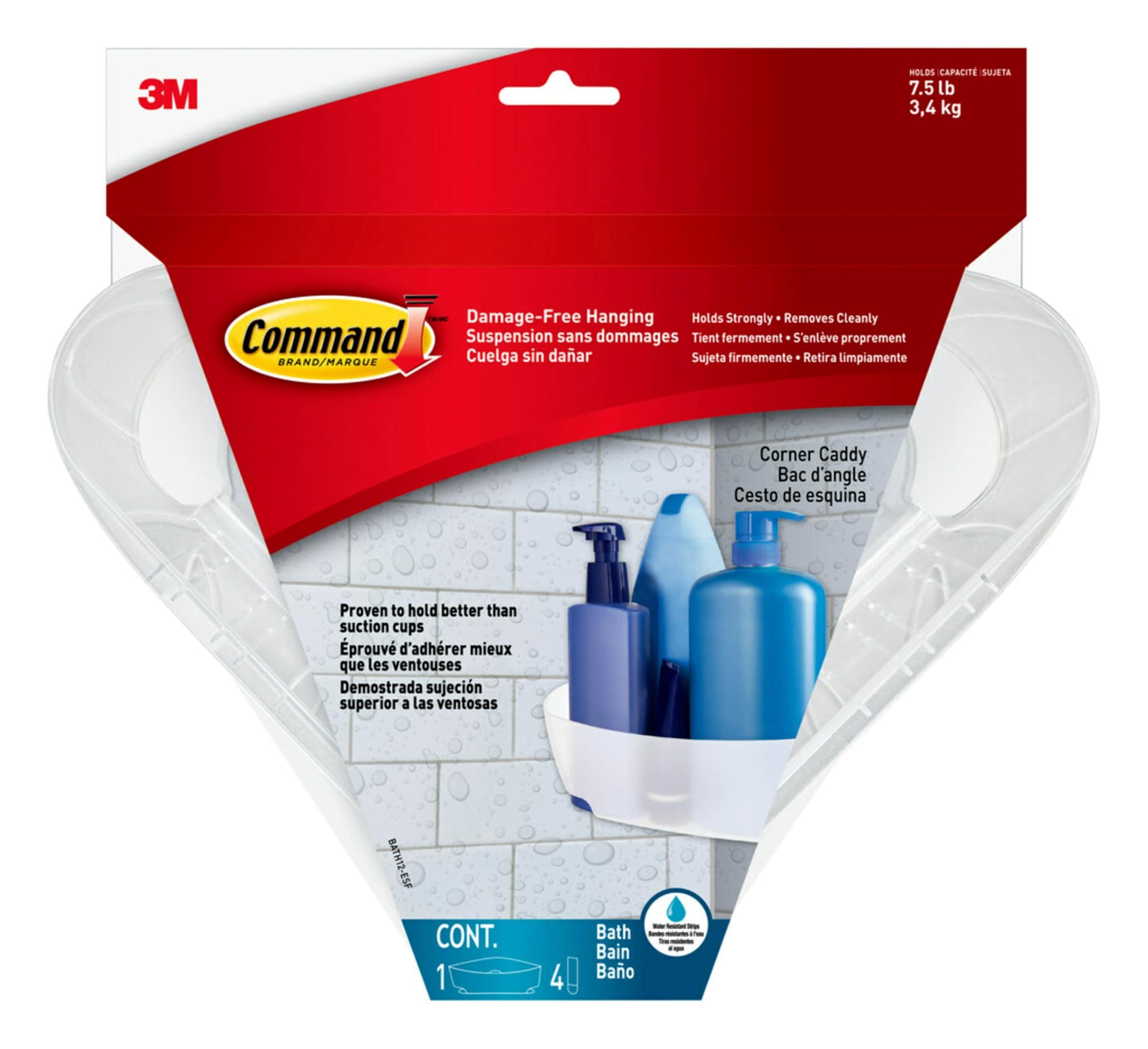 Command Corner Caddy with Water-Resistant Strips, 1 Caddy with 4 Mounting Bases and 4 Command Strips, Bathroom Organizer for Bathroom Decor