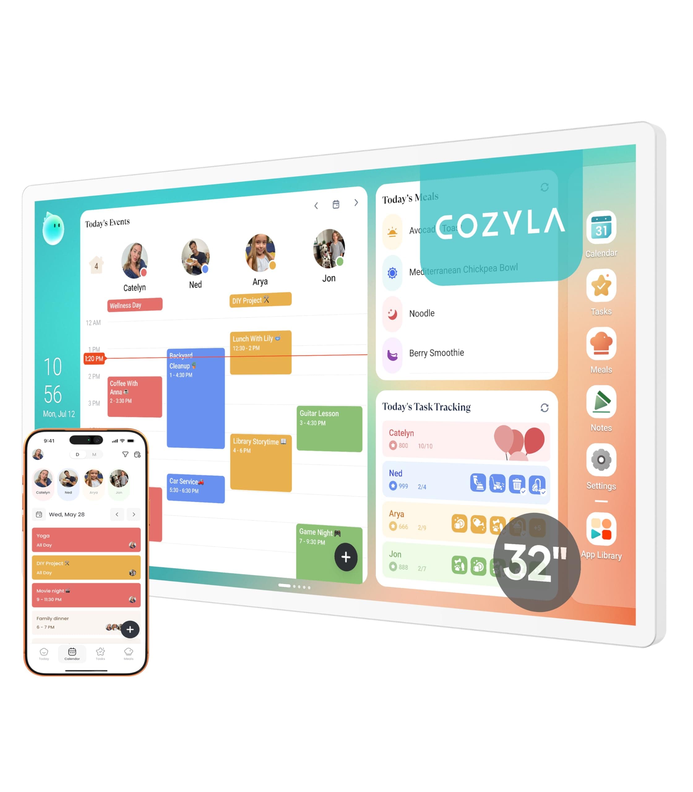 Calendar Plus 2: 32" Smart Digital Calendar Wall Touch Screen & No Subscription Family Dashboard, Electronic Display for Family System- Chore Chart, Meal Planner, Support App Store Wall Mount