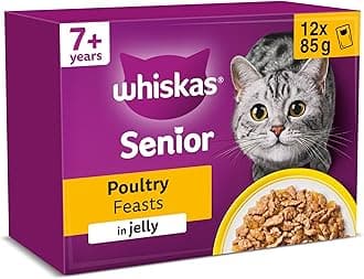 WHISKAS Senior 7+ Wet Cat Food in Jelly 12x85g Poultry Feasts (Pack of 4)