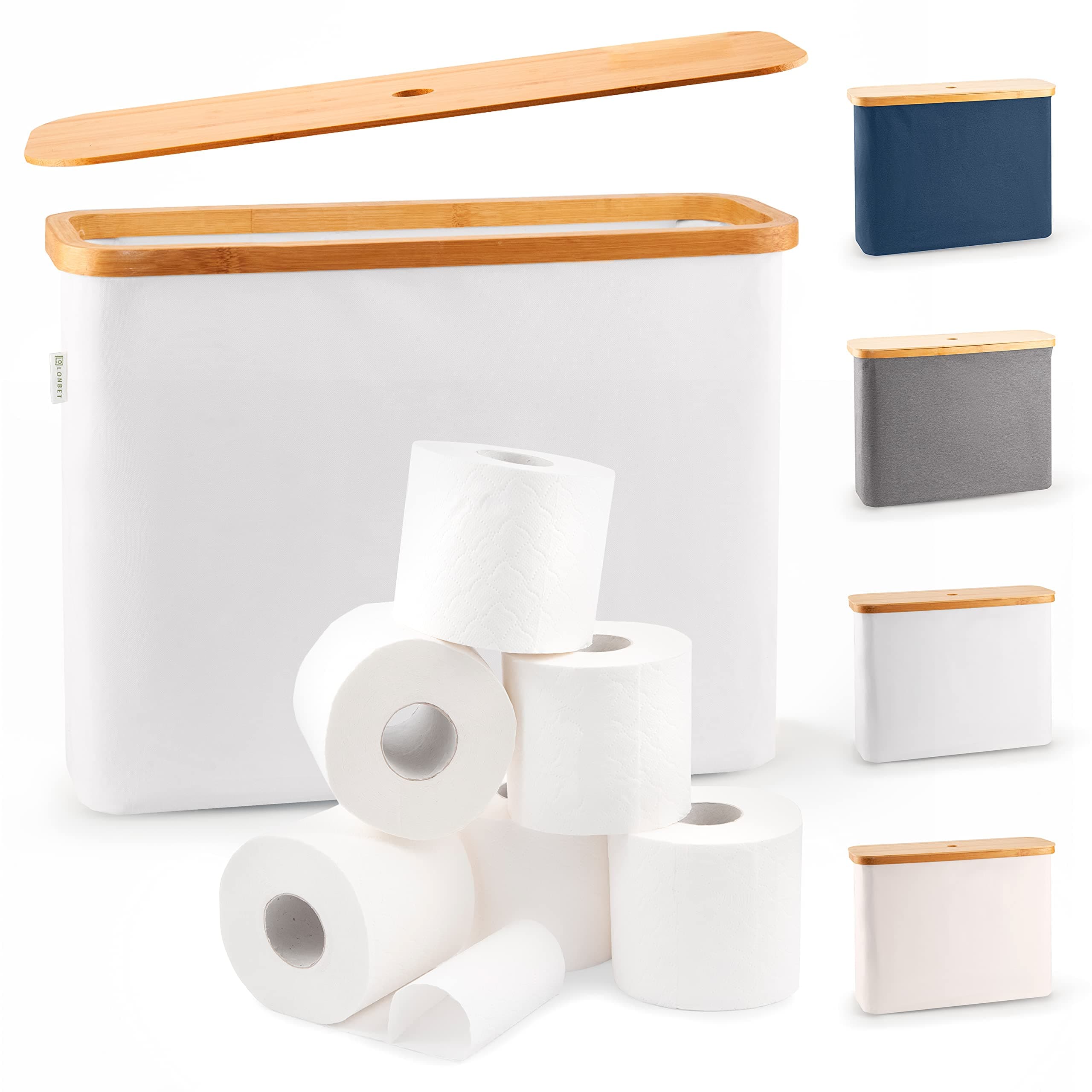 LONBET Toilet Roll Storage for 12 Rolls, Stackable & Foldable - The Ultimate Bathroom Organizer - Waterproof Toilet Paper Storage with Bamboo Lid - Elegant Toilet Roll Basket, Light Gray