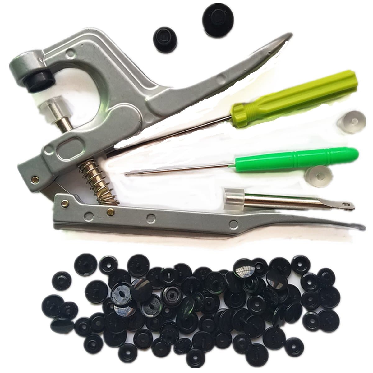 100 Complete Sets Black Plastic Snaps Hand-held Pliers Tool Installs Size 20, 22, 24 T5 No-Sew Button Snap Fastener Press Attacher Punch