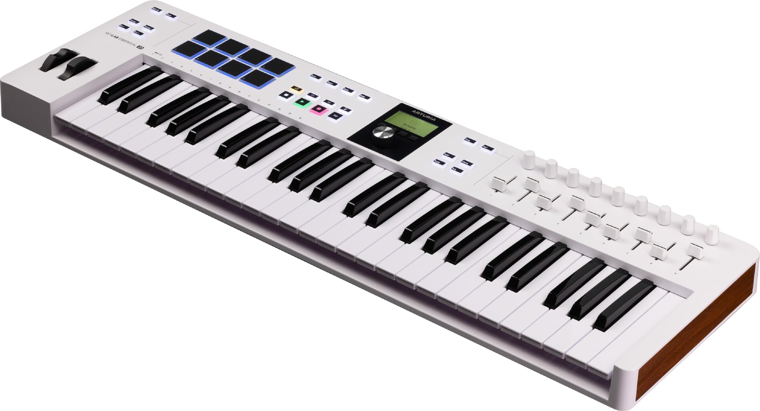 Arturia KeyLab Essential 49 mk3 MIDI Controller with 49 Speed Sensing Keys, 9 Encoders, 9 Sliders and 8 RGB Pads - USB-C, Midi Out, LCD Screen, Bundle Software, DAW Integration - White