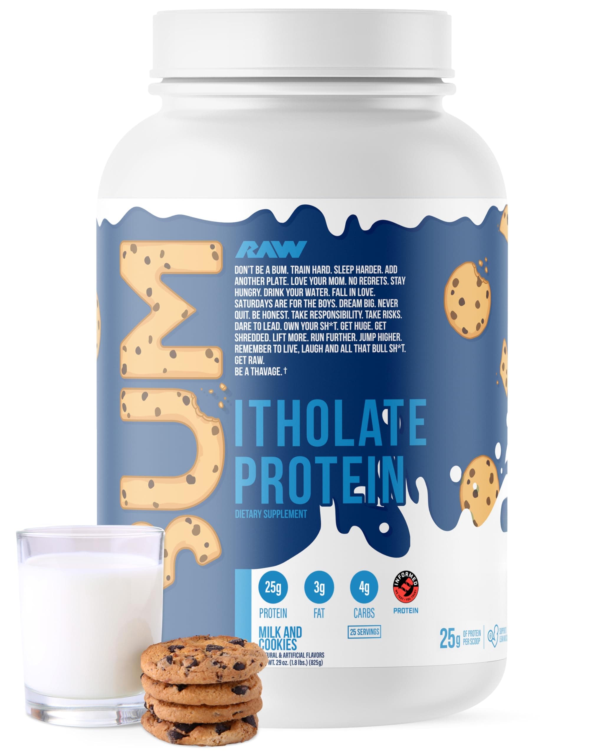 RAW Whey Isolate Protein Powder, Milk & Cookie (CBUM Itholate) - 100% Grass-Fed Sports Nutrition Powder for Muscle Growth & Recovery - Low-Fat, Low Carb, Naturally Flavored - 25 Servings