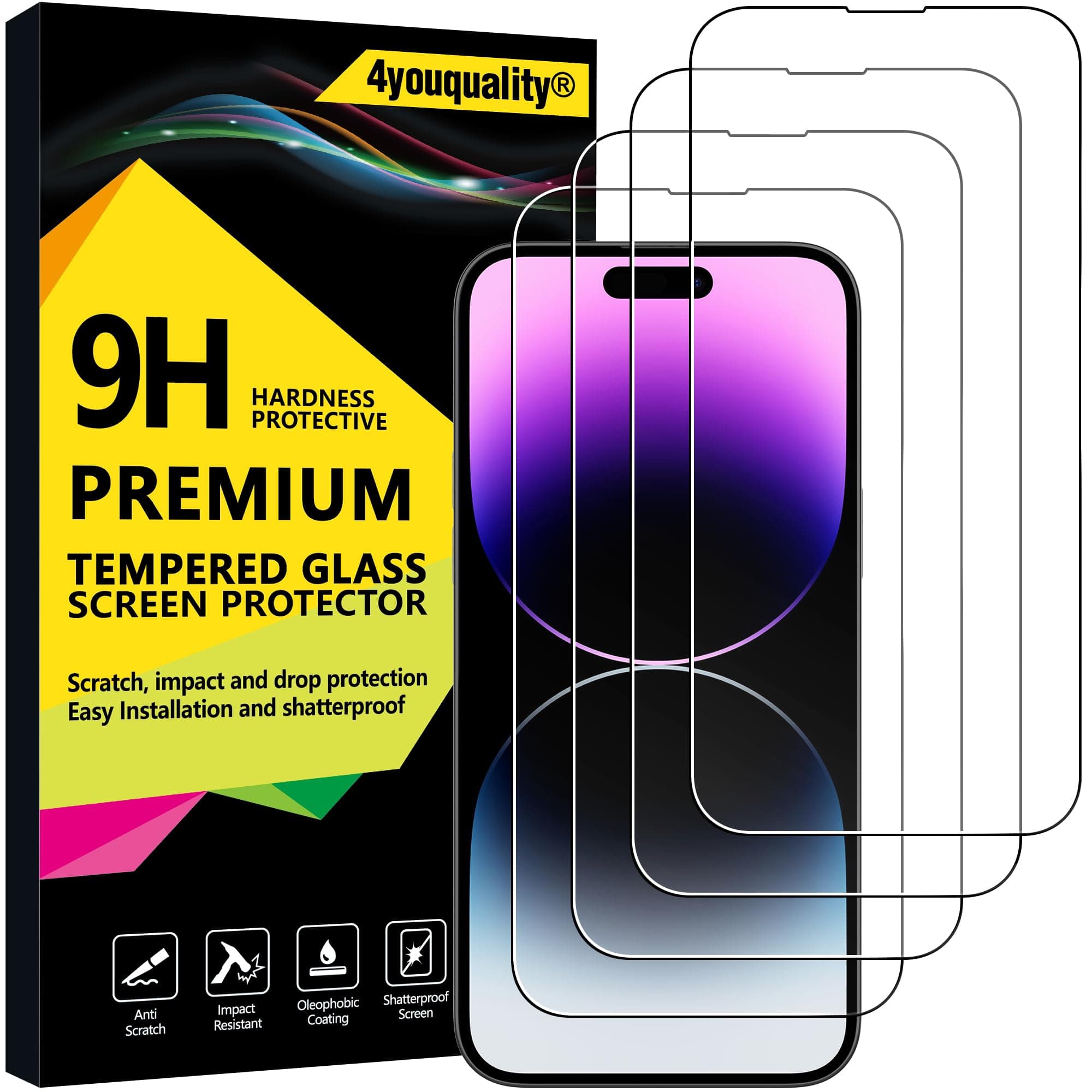 4youquality [4-Pack[Full Coverage] Screen Protector for iPhone 14 Pro Max (6.7-Inch), Tempered Glass Film, [LifetimeSupport][Impact-Protection][Anti-Shatter][Anti-Scratch]