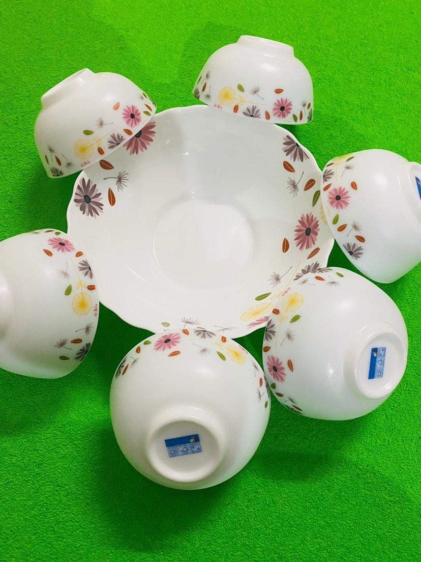 HANI MALL Sun-Flower Design Opalware Ceramic Serving Bowl | Pudding Bowl | Dinning Bowl Set of 7-Pieces | Serving Bowl | Microwave/Freezer Safe | (White)