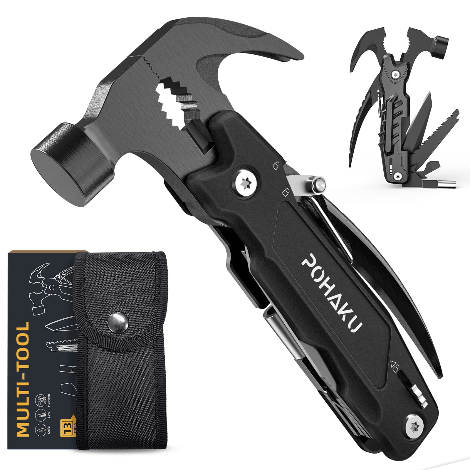 Pohaku 14-in-1 Multi Tool Hammer Pohaku Multi Tool with DIY Sticker Safety Lock Screwdriver Bit Set with Durable Nylon Sheath Outdoor Multi Tool Ideal Gift for Dad Husband Boyfriend