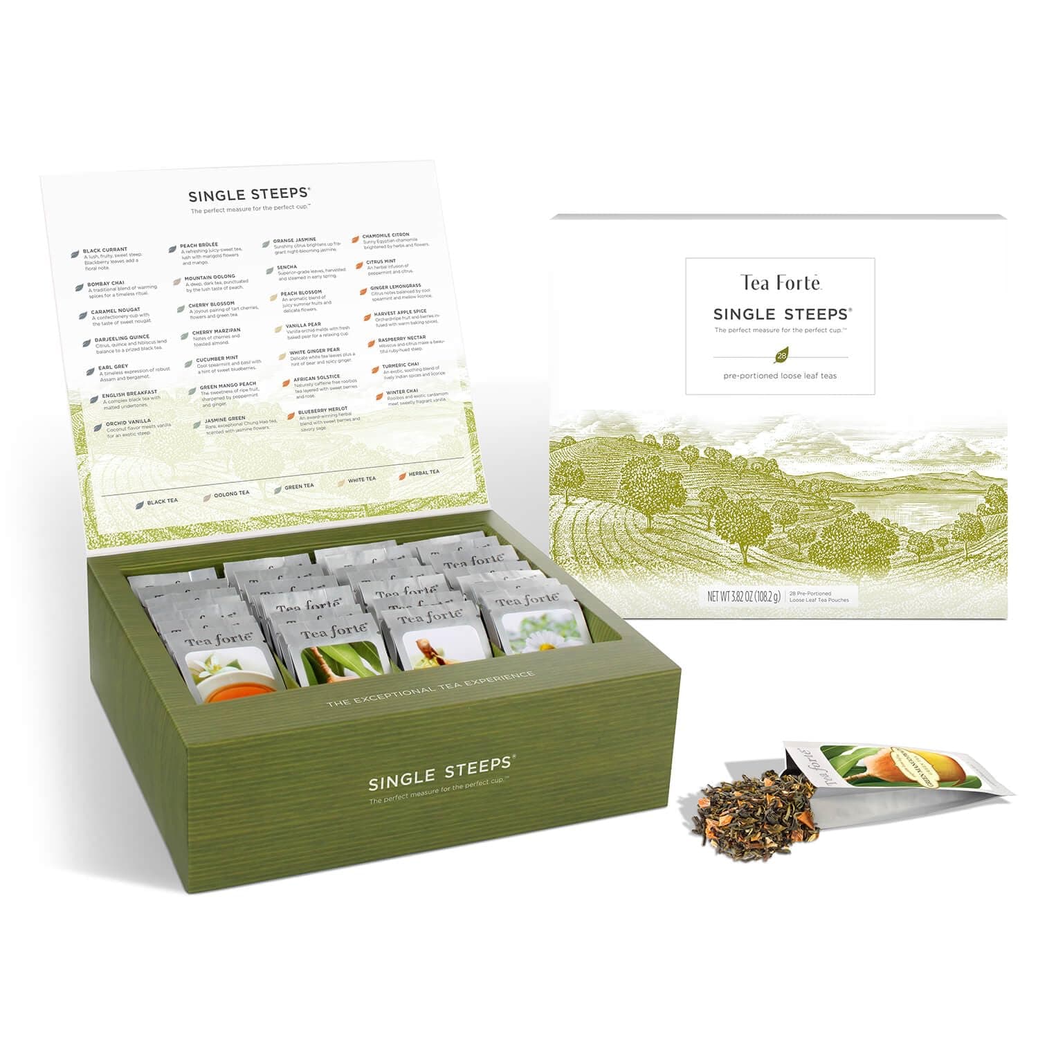 Tea Forte Single Steeps Loose Leaf Tea Sampler, Assorted Variety Tea Box, 15 Single Serve Pouches, Classic Tea