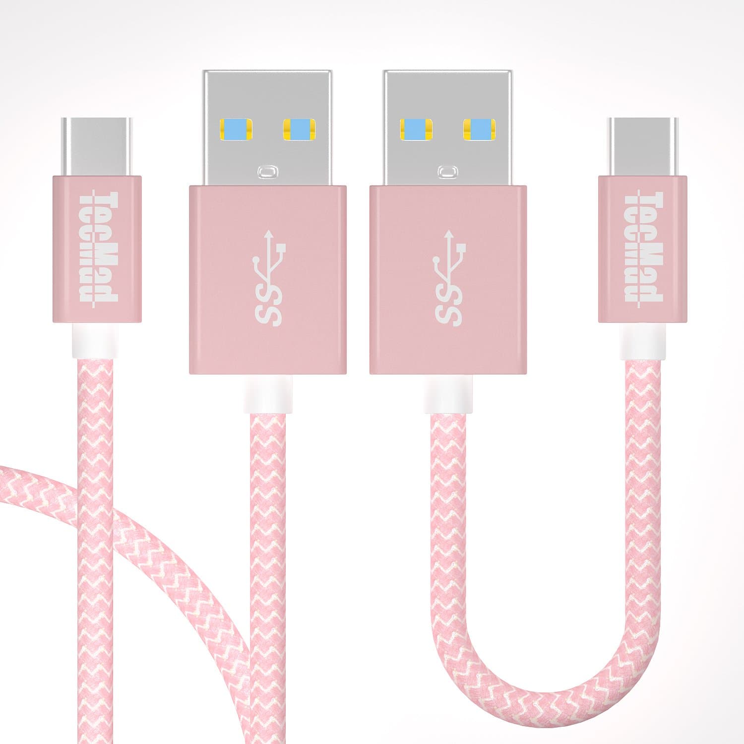 USB Type C Cable,TecMad [2pcs 0.25M/0.8ft+1M/3.3ft]USB C3.0 Nylon Braided Cable USB-C to USB A 3.0 A High-Speed Charging & Data Transfer For Apple New Macbook 12 Inch and Other Devices - Rose Gold