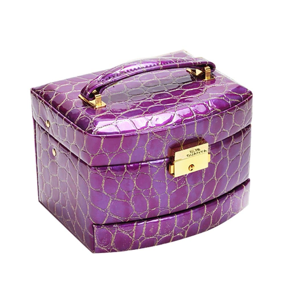 WILL GEM Portable Semi Automatic 3 Layers Small PU Leather Jewerly Box for Travel Home Use Purple