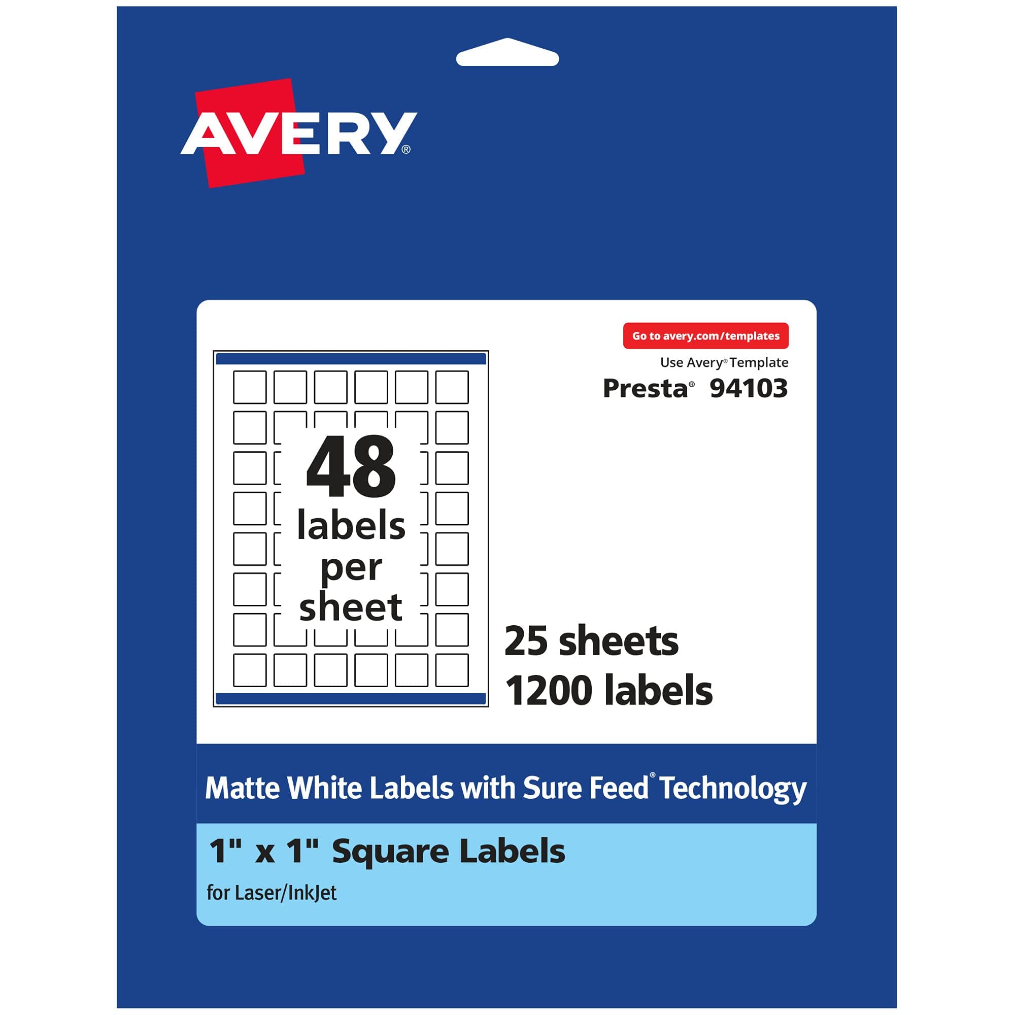 Avery Matte White Square Labels with Sure Feed, 1" x 1", 1,200 Matte White Printable Labels