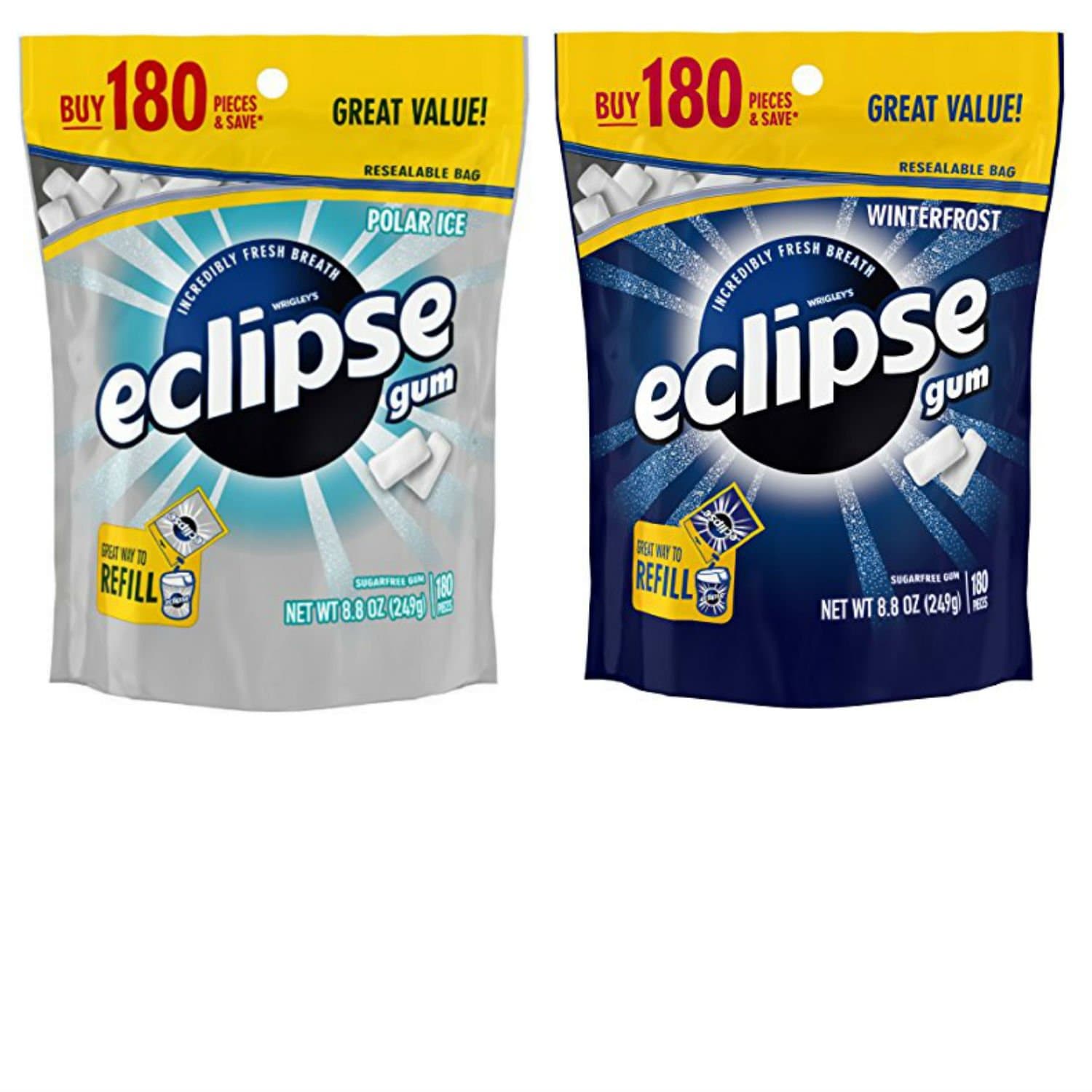 Eclipse Sugar Free Breath Mints Gum Variety Pack. Convenient One-Stop Shopping for Popular Eclipse Breath Mints: Polar Ice and Winterfrost. Easy to Source With 1 Click. Snacking Heaven!
