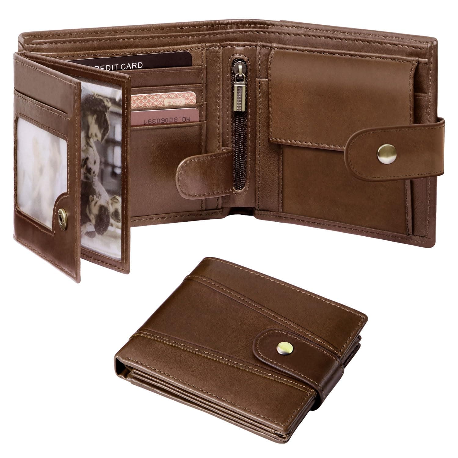 Men's Wallets Cowhide Leather Multi-Functional RFID Blocking Wallet with 17 Credit Card Slots, 2 Banknote Compartments, 2 ID Windows, 1 Coin Pocket Dark Brown