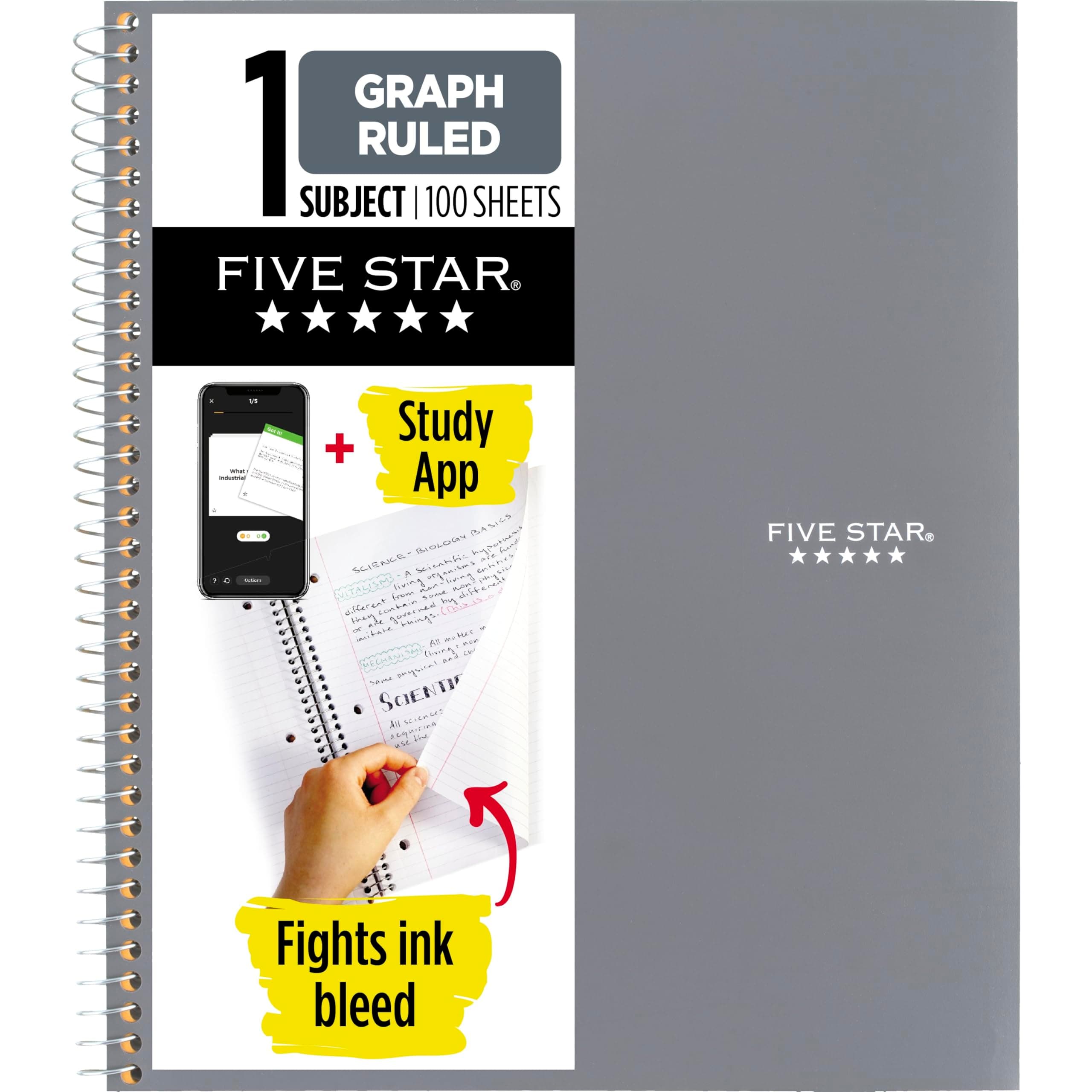 Five Star Spiral Notebook + Study App, 1 Subject, Graph Ruled Paper, Fights Ink Bleed, Water Resistant Cover, 8-1/2" x 11", 100 Sheets, Gray (620000AA3)