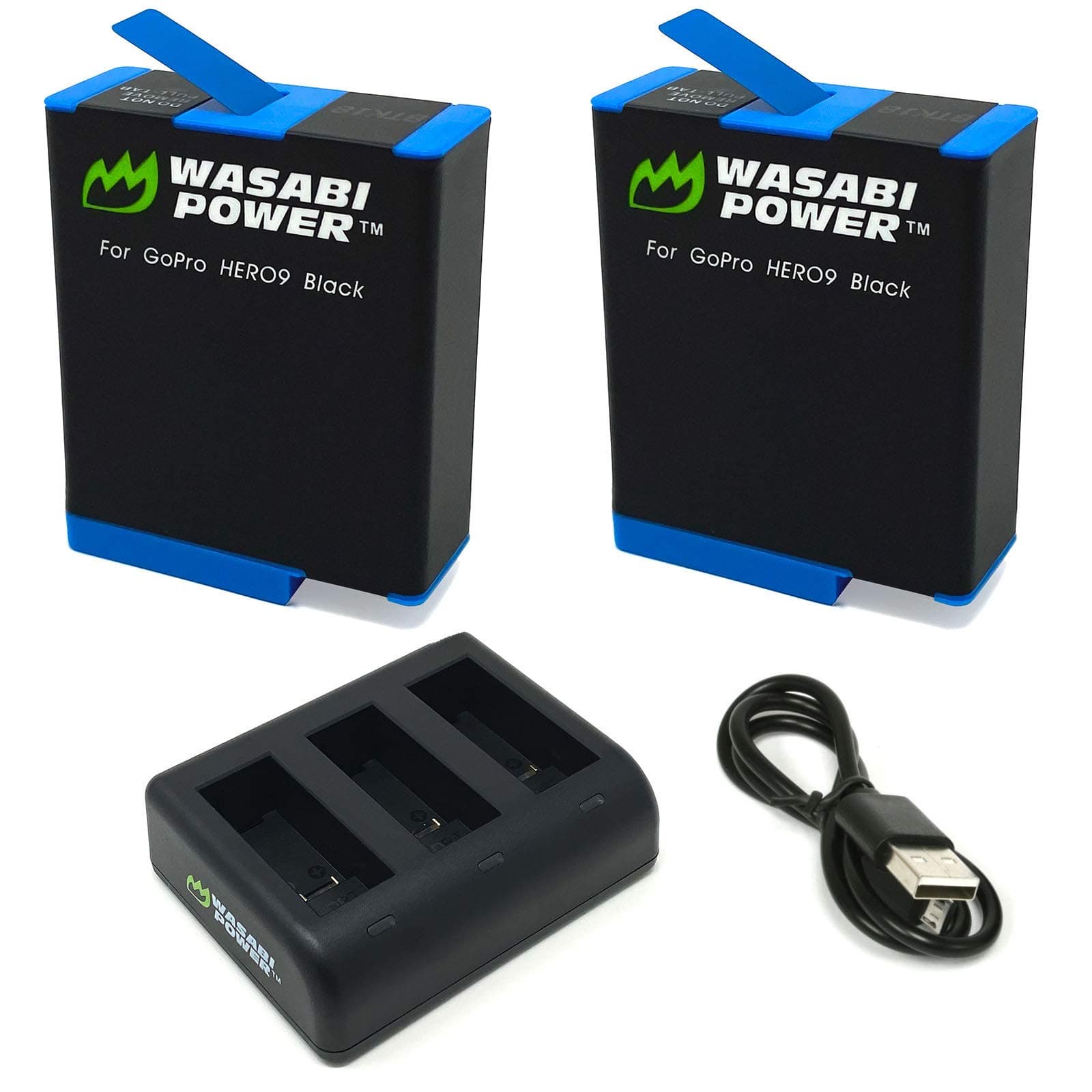 Wasabi Power HERO12, HERO11, HERO10, HERO9 Battery (2-Pack) and USB Triple Charger Compatible with GoPro Hero 12, Hero 11, Hero 10, Hero 9