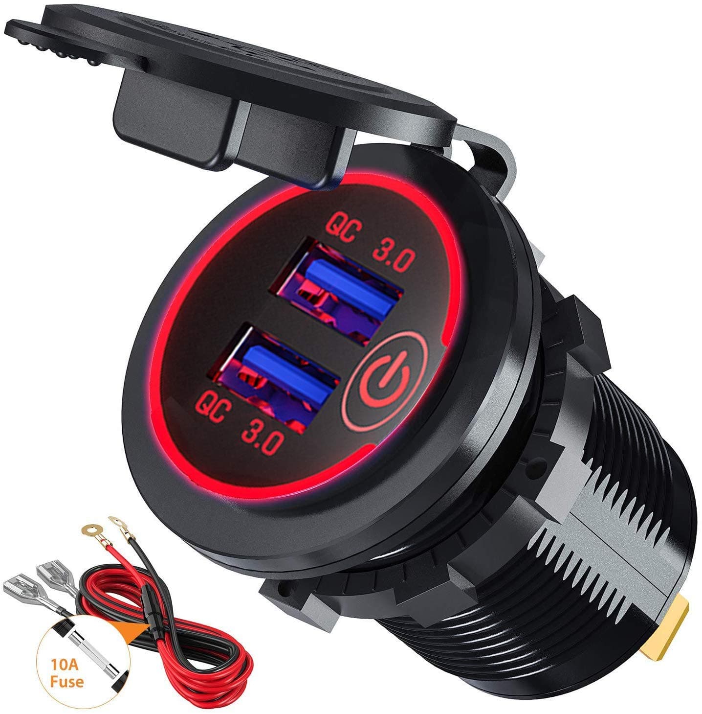 Quick Charge 3.0 Dual USB Car Charger Socket with Touch Switch 12V/24V 36W QC3.0 Dual USB Fast Charger Socket Power Outlet for Marine, Boat, Motorcycle, Truck, Golf Cart(Red)