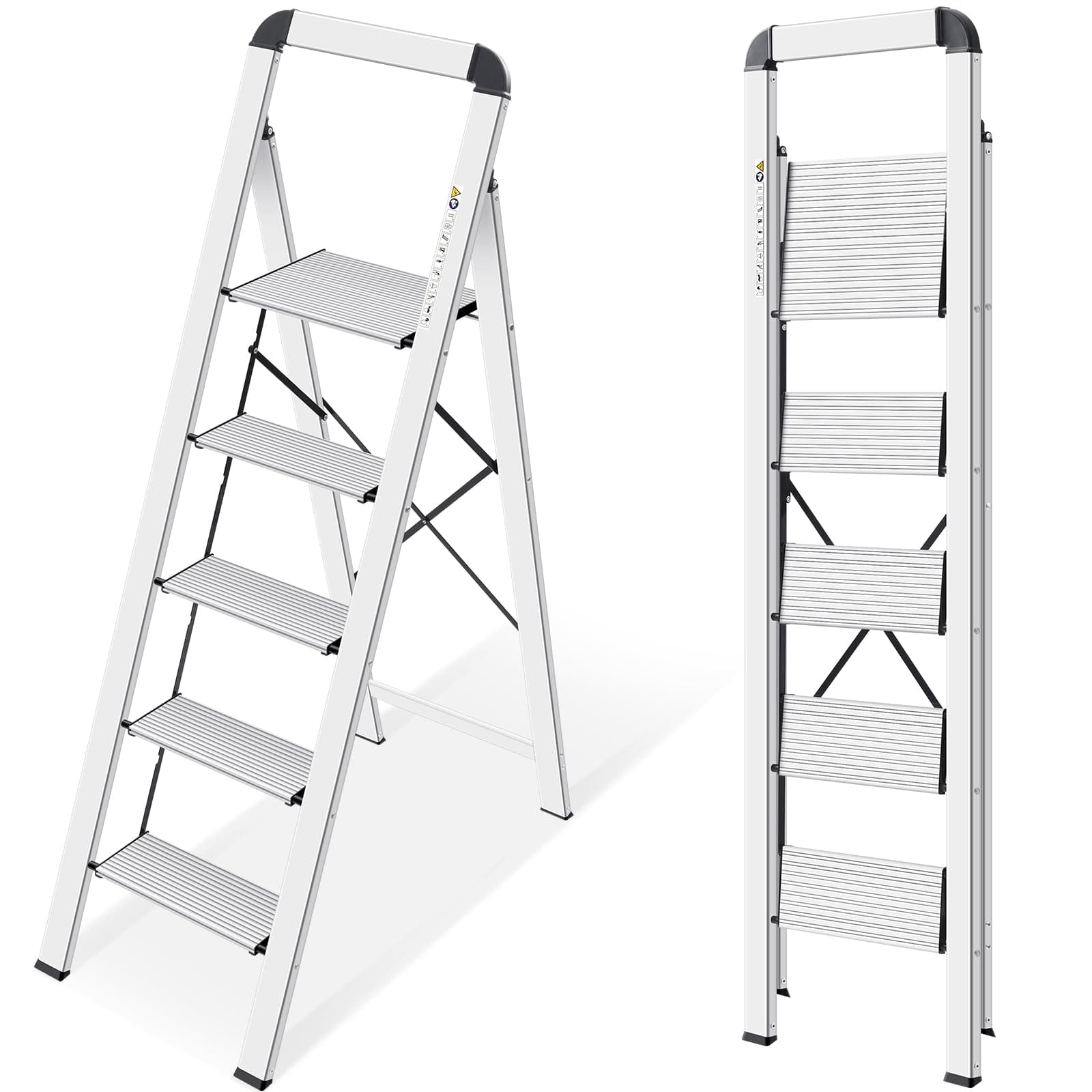 KINGRACK Aluminum 5 Step Ladder, Lightweight Step Stool with Non-Skid Pedals, Handrail, 330 LBS Foldable Step Ladder for Kitchen, Garage, Home, Space Saving, Sturdy and Portable, Silver