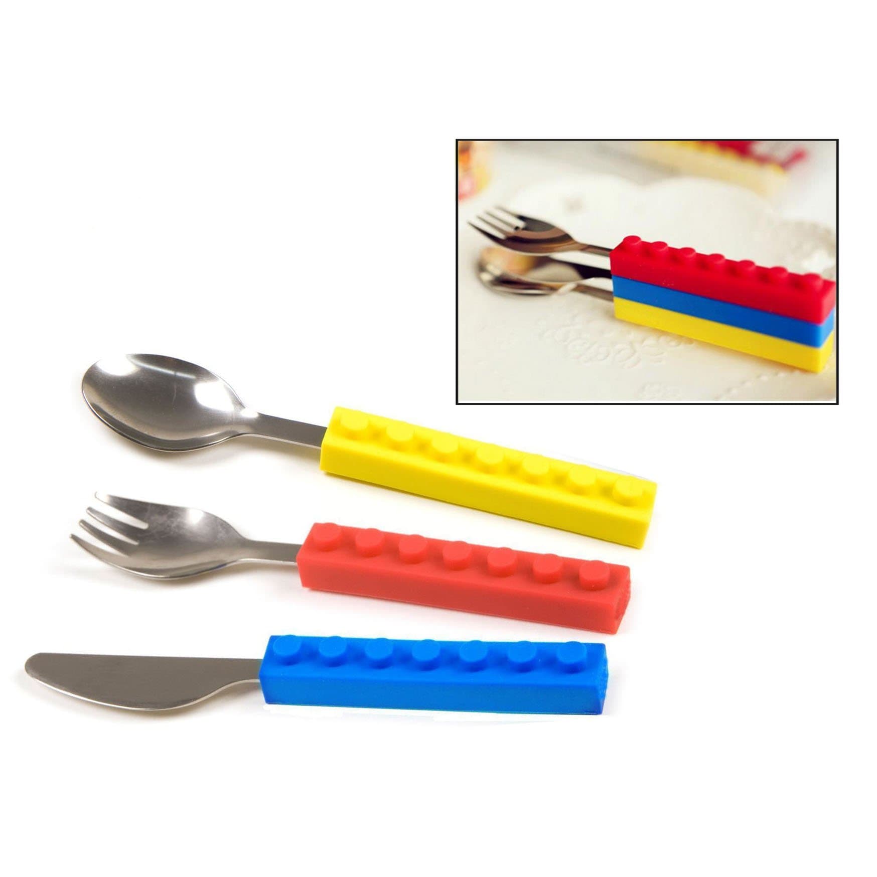 Cutlery Set-Fork & Cutter & Spoon Stackable Tableware For Kids Stainless Steel Utensils With Silicone Handle