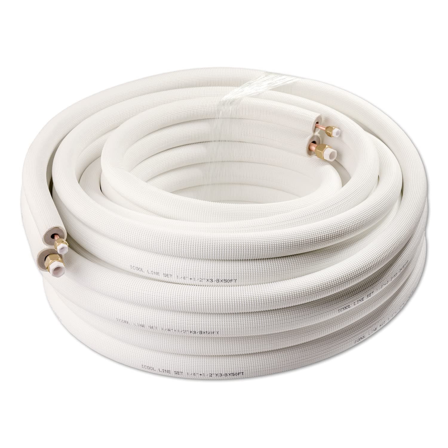 ICOOL 50 Ft. Mini Split Line Set, 1/4" & 1/2" O.D. Twin Copper Pipes, 3/8" Thickened PE Insulated Coil Copper Line with Nuts for Air Conditioner HVAC Refrigeration and Heating, without Fittings