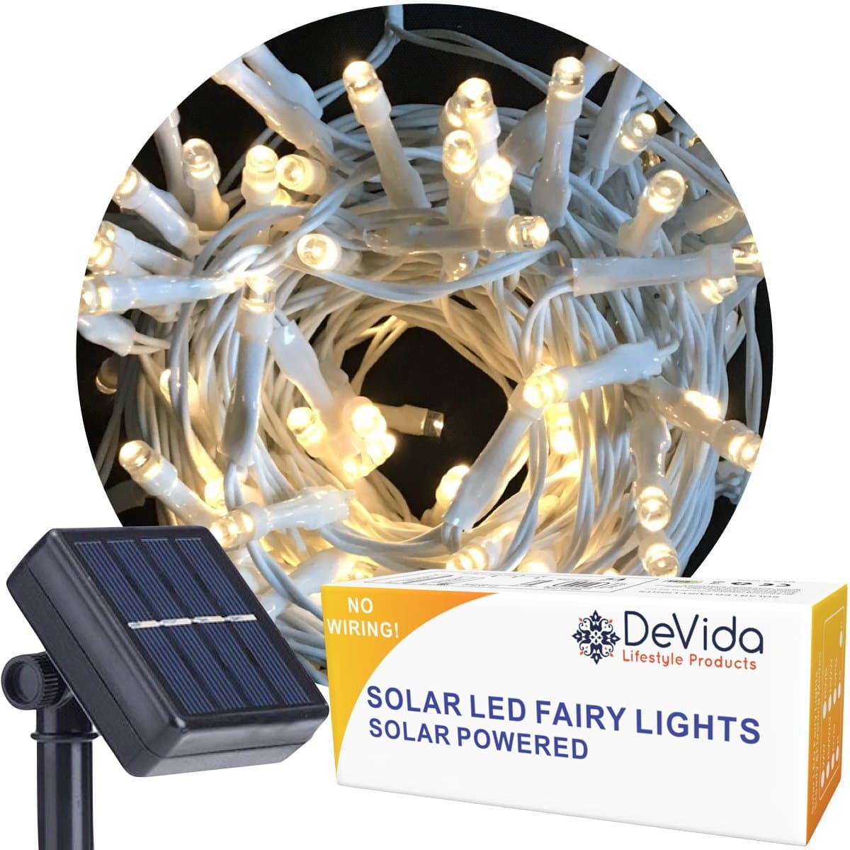 DeVida Warm White Solar String Light on White Cord, Hassle Free 100 LED Outdoor Waterproof Set for Decorative Wedding Arch, Picket Fence, Wall, Tree, Patio, Easy Install (Warm White on White Wire)