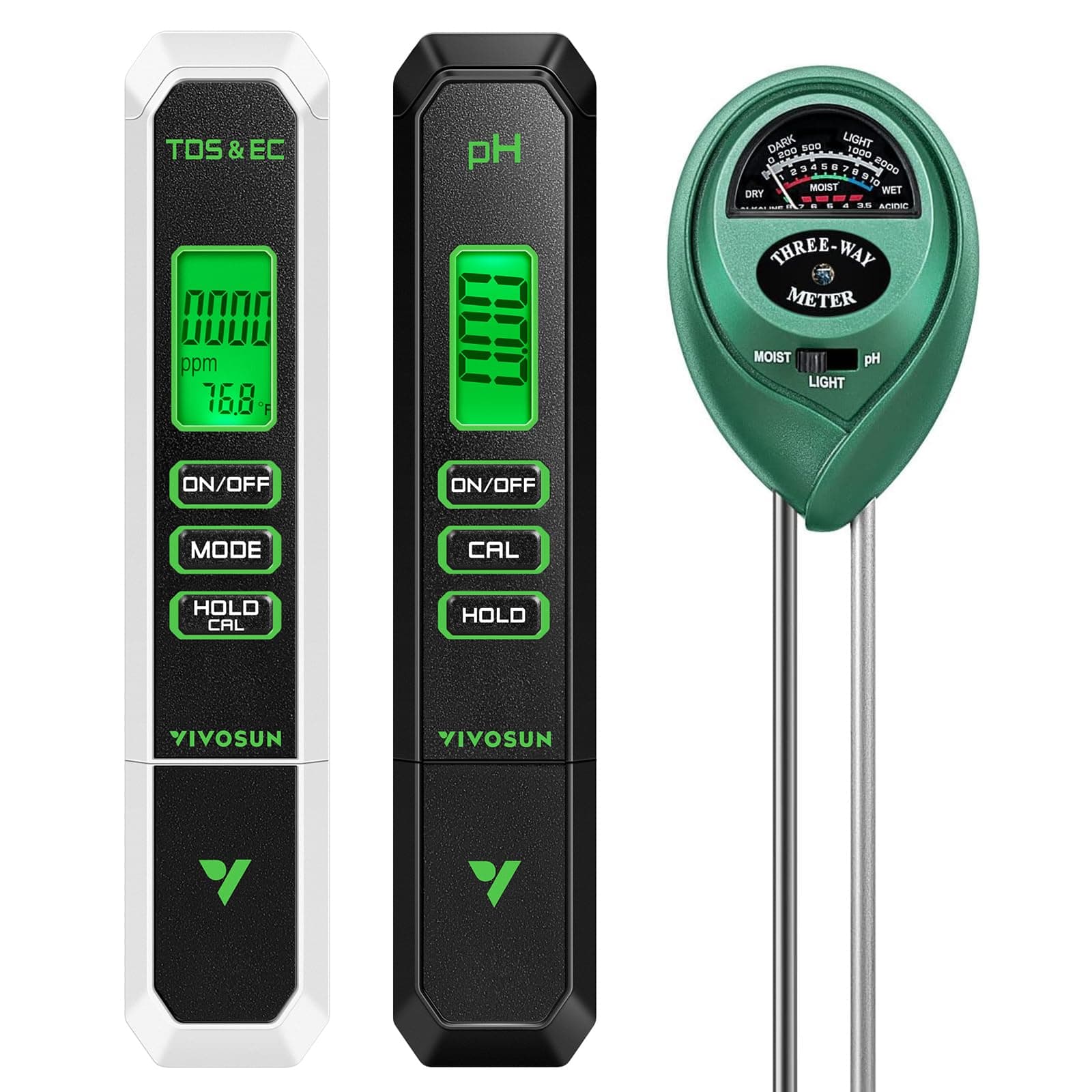 Digital pH Meter, 3-in-1 TDS/EC/Temperature Meter, 3-in-1 Soil Moisture/pH/Light Tester Combo for Home, Garden and Hydroponics