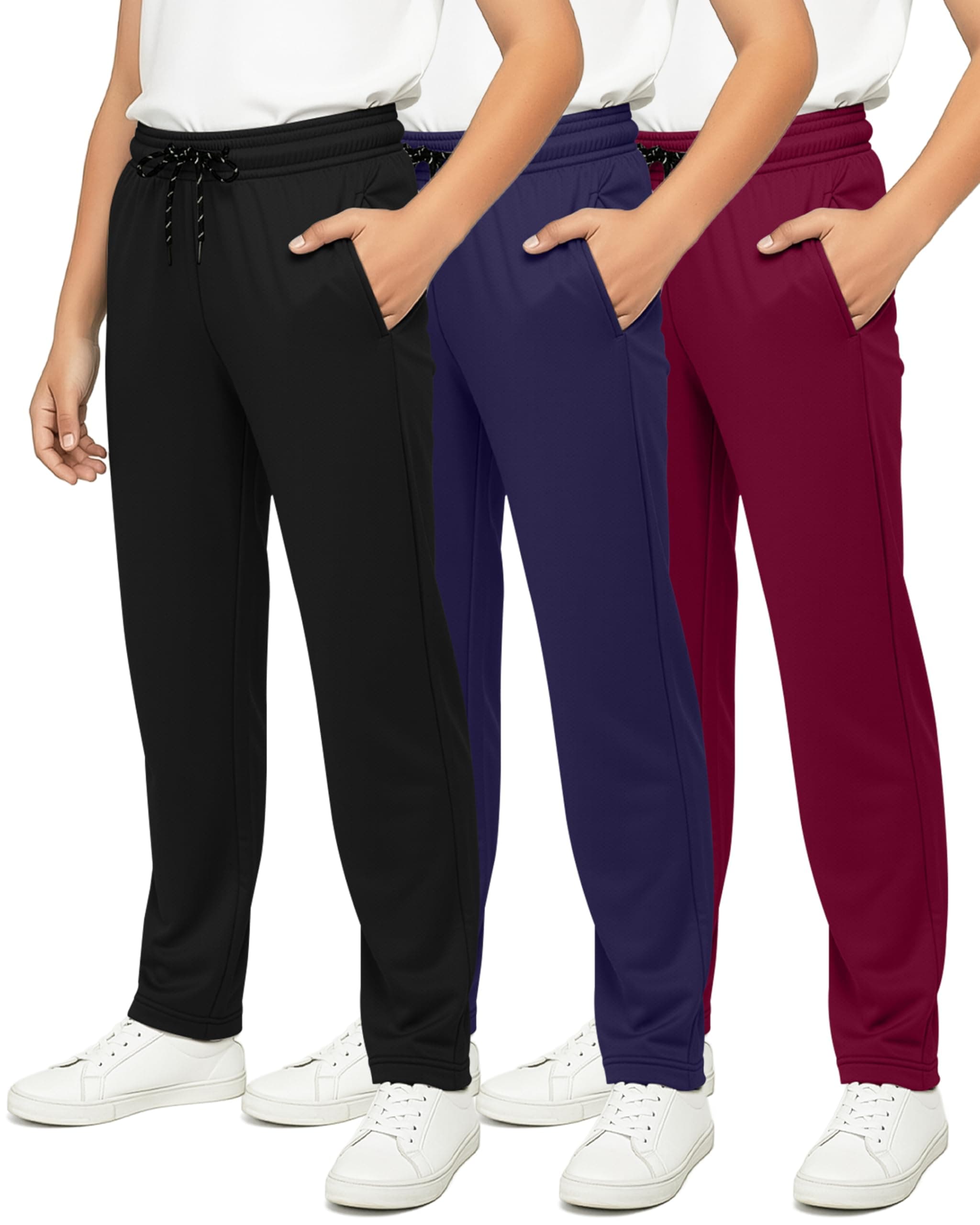 Real Essentials 3 Pack: Boys' Mesh Open Bottom Active Sweatpants with Pockets & Drawstring