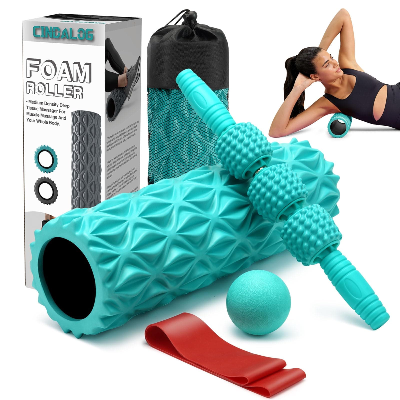 5 in 1 Foam Roller Set - Trigger Point Foam Back Roller, Muscle Roller Stick, Massage Ball, Stretching Band for Deep Muscle Massage Pilates Yoga,Fitness Exercise for Whole Body Release