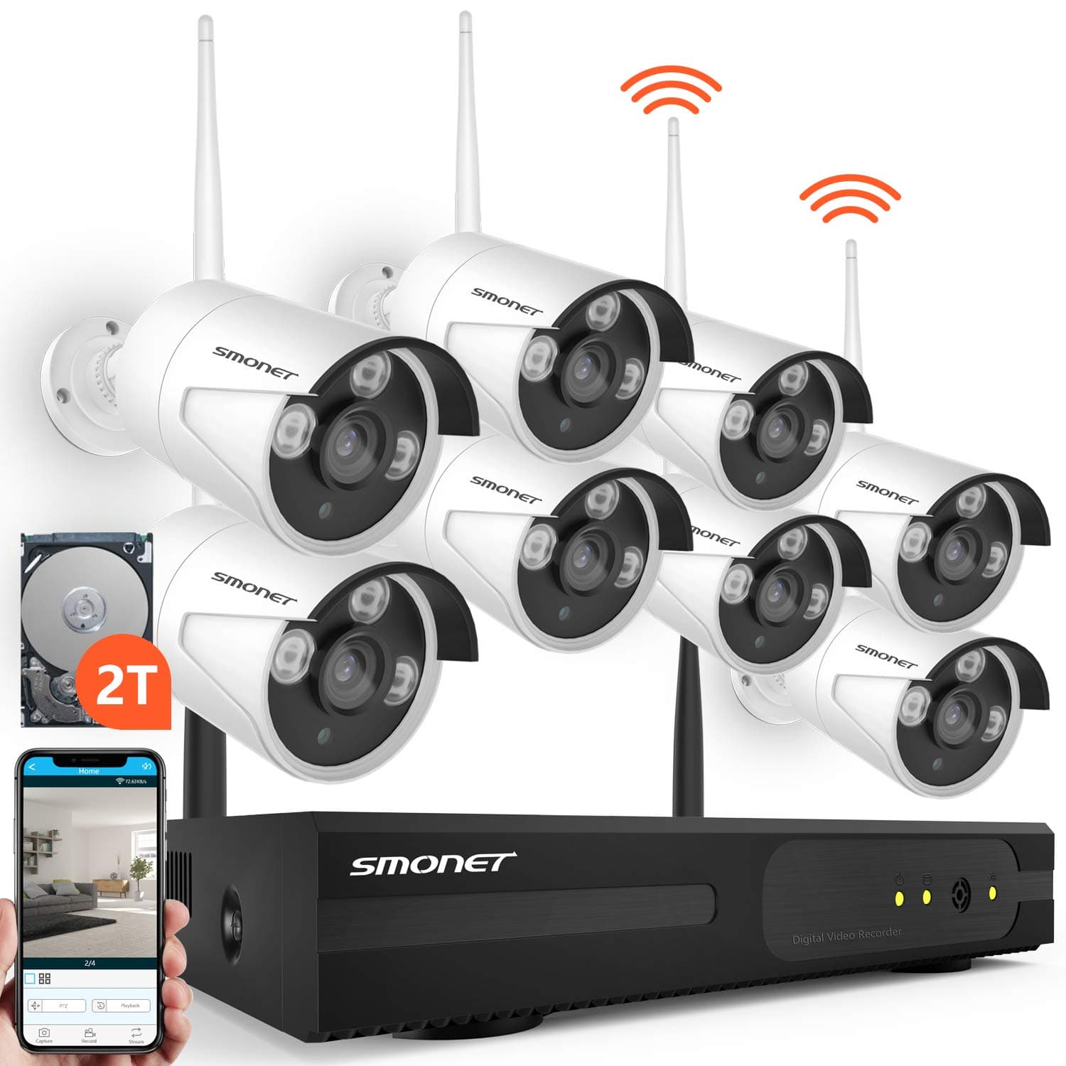 SMONET H.264+ Security Camera System Wireless,8CH Full HD 1080P Surveillance Camera System(2TB Hard Drive), 8pcs 2.0MP Outdoor&Indoor Wireless Security Cameras,P2P, Free APP,Easy Remote View
