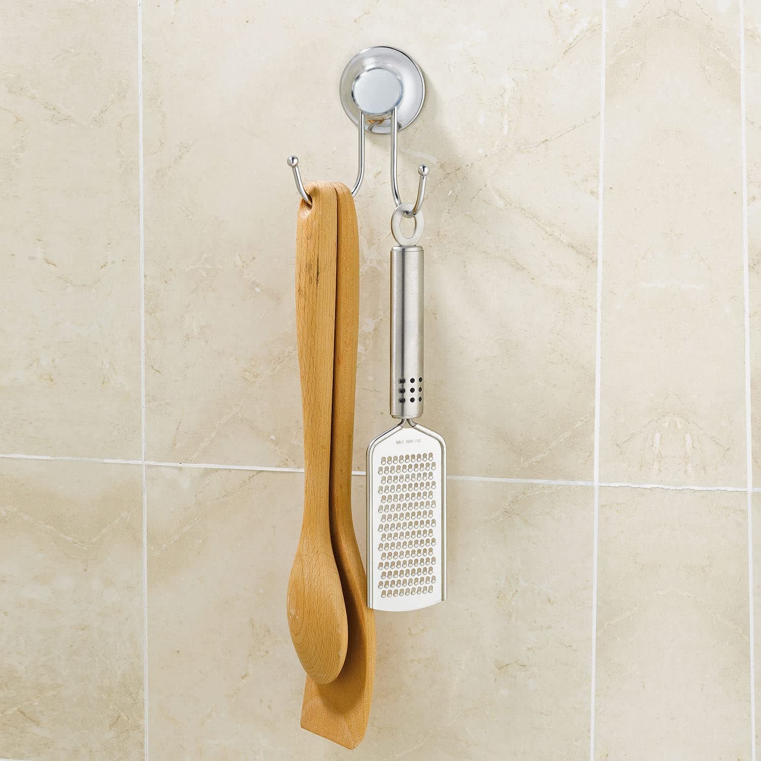 Everloc Vacuum Suction Wall Mounted Chrome Double Robe Hooks, Utility Hooks for Hanging Scarf, Bag, Towel, Key, Cap, Cup, Hat, kitchen tools, Easy Install, No Drilling, EVL-10249B