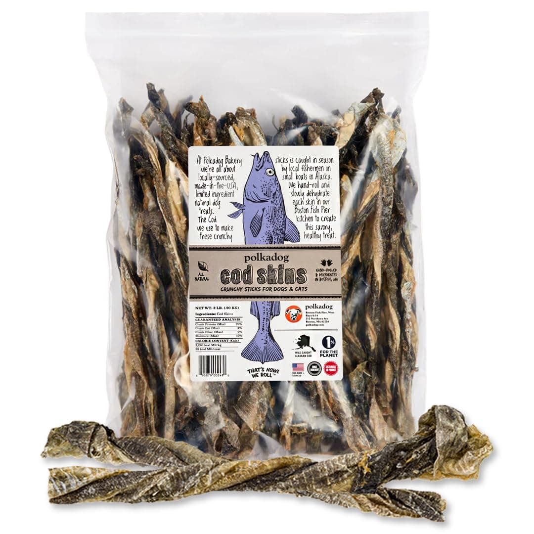 Cod Skins for Dogs (2lb Regular) - Single Ingredient, Wild-Caught Fish Skin Dog Treats for All Breeds – High in Lean Protein & Omega-3. Hypoallergenic, Grain Free. Handcrafted & Made in USA