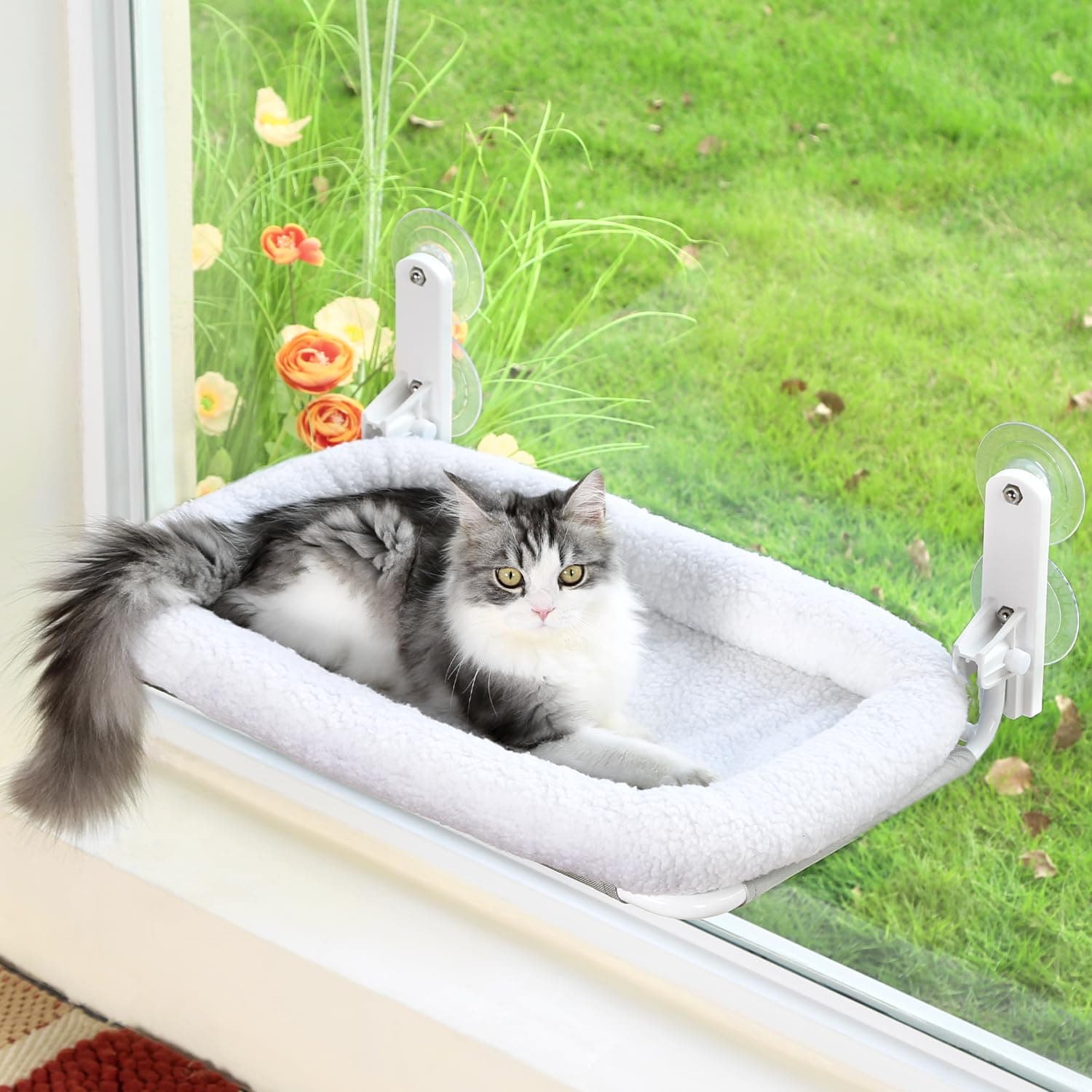 Foldable Cat Hammock for Window - Cordless, Machine Washable Bed, Robust Metal Frame & ABS Brackets- Cat Window Perch for Large Cats and Kittens (White Bolster Bed, Medium)