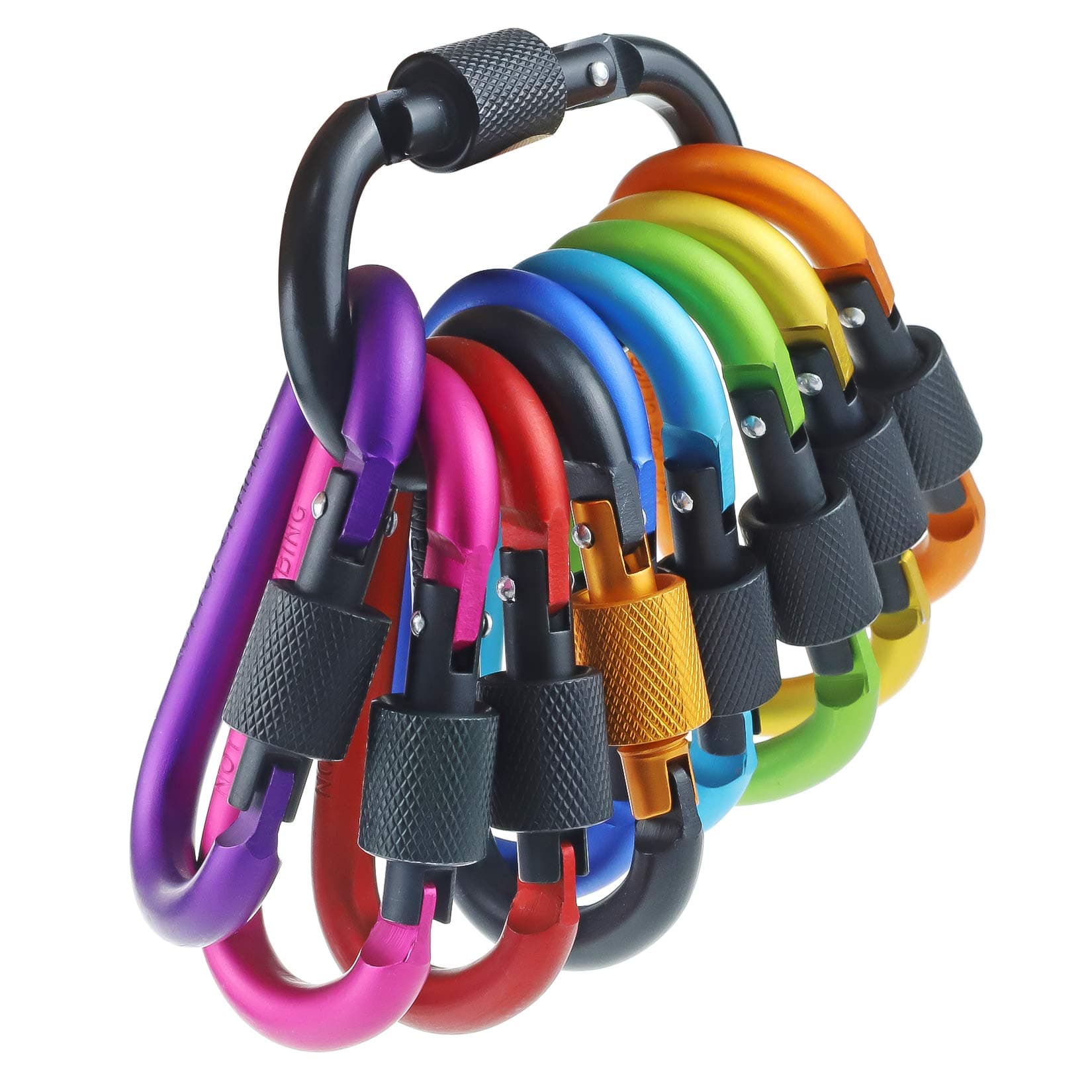 10 Pack Aluminum D Ring Key Rings Hiking Clips Locking Carabiner for Hiking Camping Fishing and Outdoor Use，Clips with Screw Gate