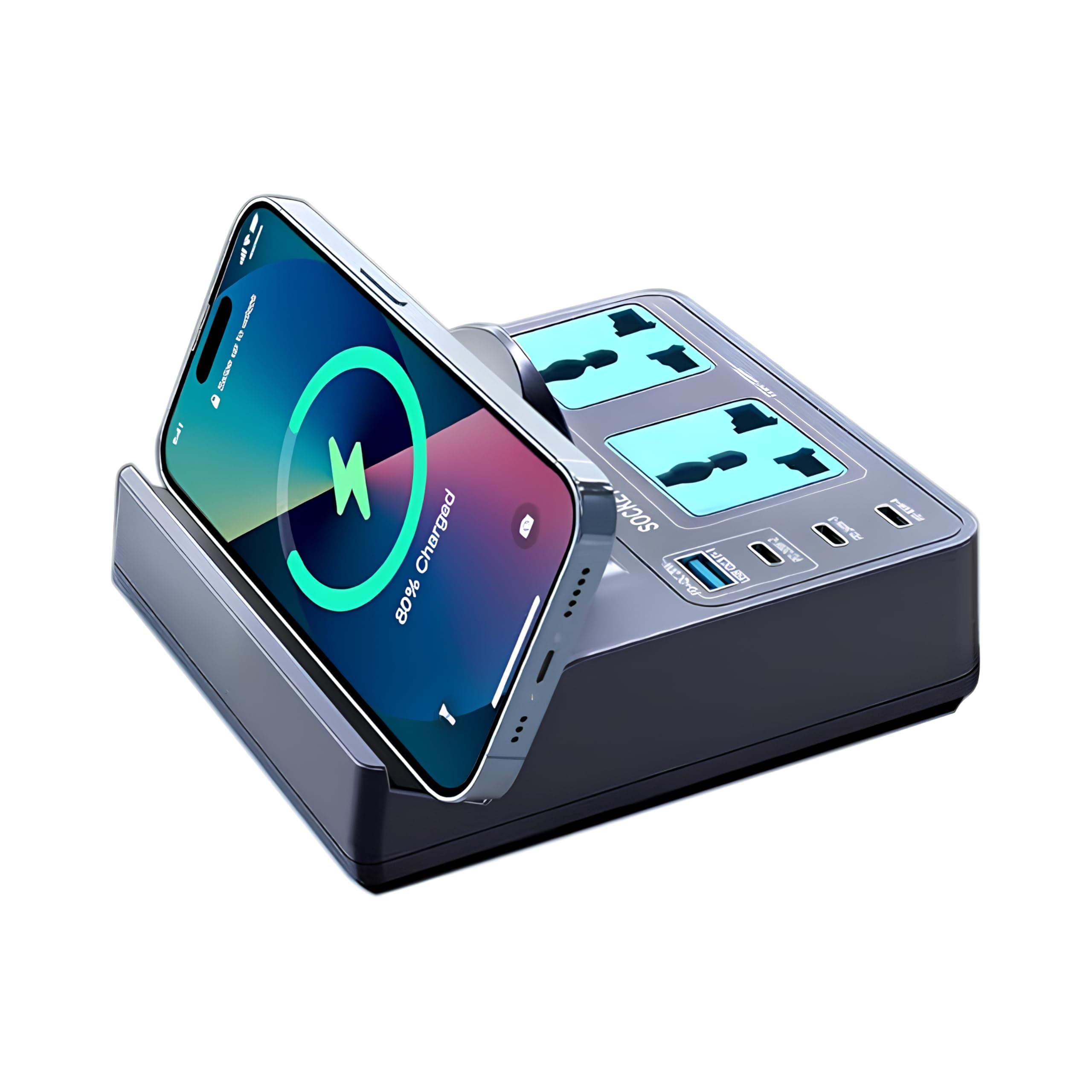 XVersion 72W Multiport Charging Station, Multi Socket Dock with 15W Fast Wireless Charger, 2 AC, 3 Type-C & 1 USB Ports, 1.8m Power Cord for Home Office Dorm - Grey