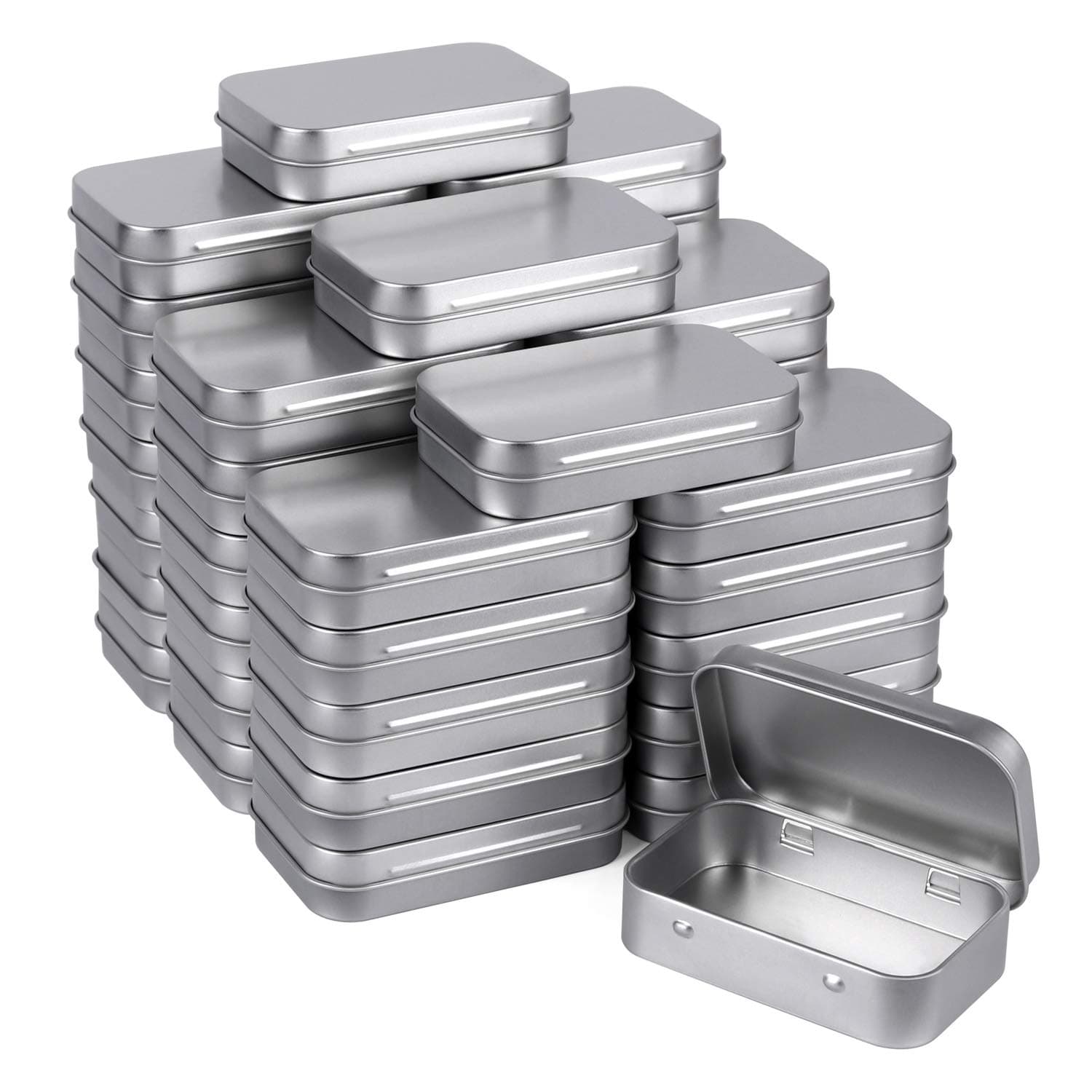 Metal Rectangular Empty Hinged Tins - Pack of 40 Silver Mini Portable Box Containers Small Storage Kit & Home Organizer small tins with lids craft containers 3-1/2''X2-1/2''X4/5''