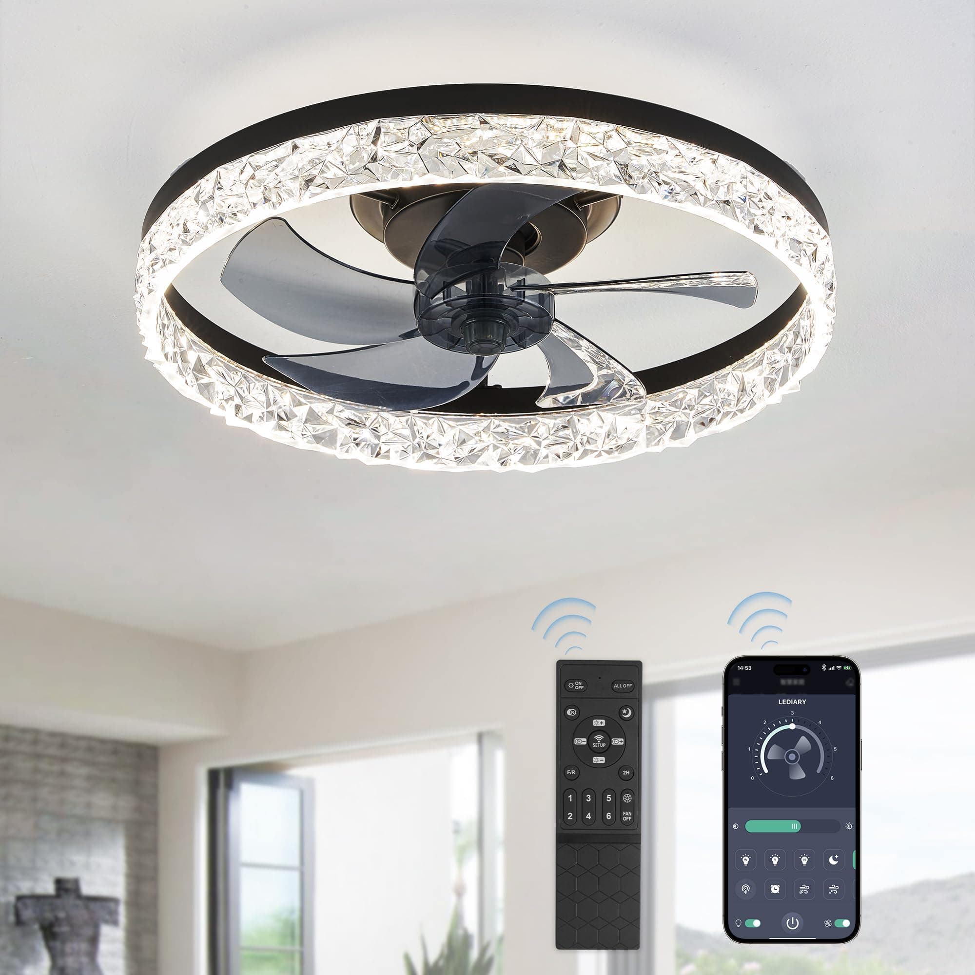 LEDIARY - 20" Modern Ceiling Fans with Lights and Remote Control, Low Profile Adjustable Ceiling Fan, Bladeless Flush Mount Ceiling Fan, Change
