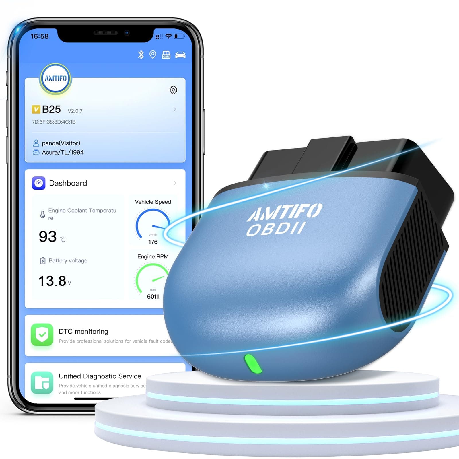 AMTIFO OBD2 Scanner Reader Bluetooth Wireless: Smart 1s Auto-connect Clear Error Code Live Data Reset Diagnostic Tool for iPhone/Android Vehicle Voltage/Performance/Speed/Fuel Test B25