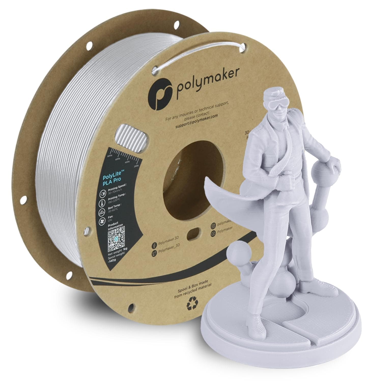 Polymaker PLA PRO Filament 1.75mm Cold White, Powerful PLA Filament 1.75mm 3D Printer Filament 1kg - PolyLite 1.75 PLA Filament PRO Tough & High Rigidity 3D Printing PLA Filament White