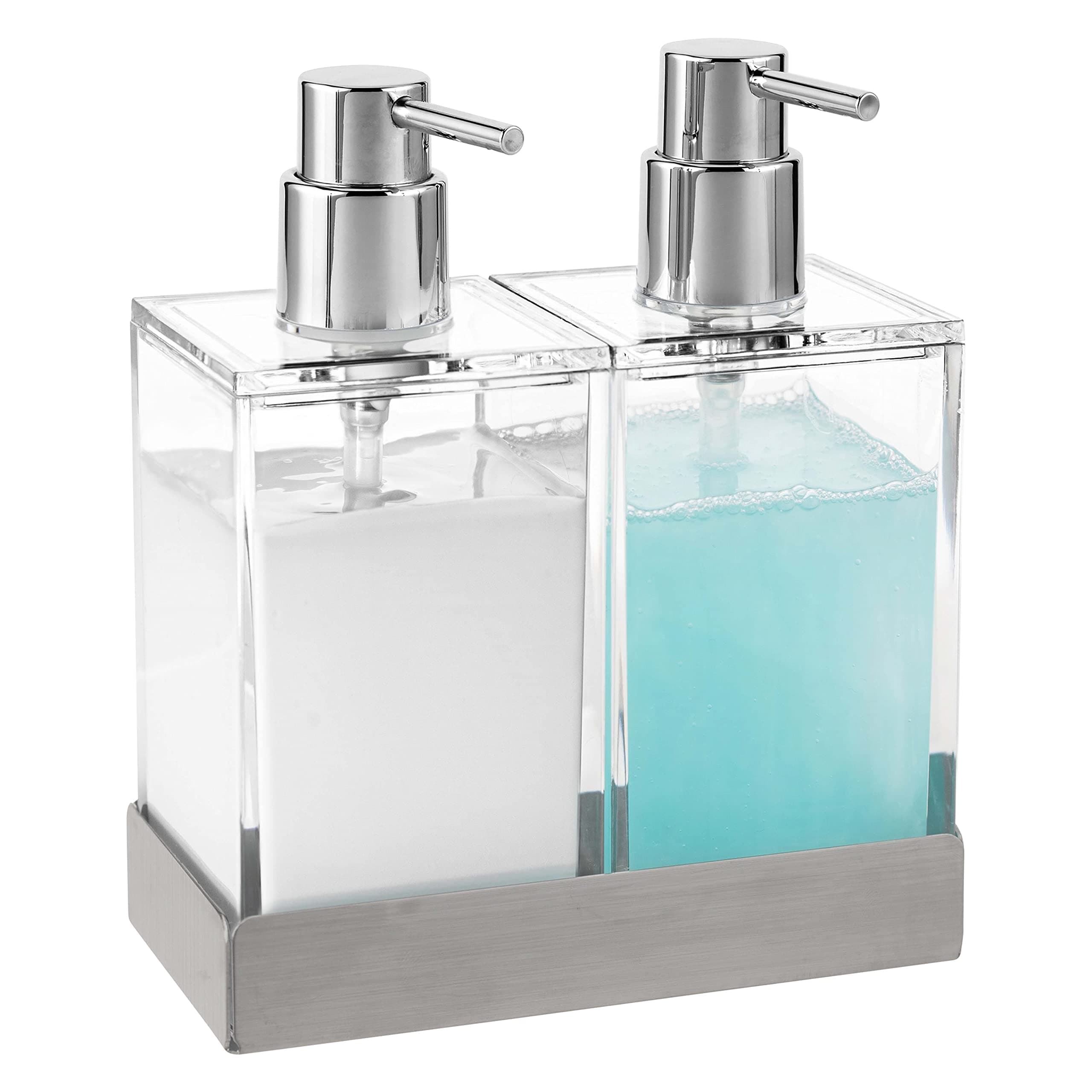 Acrylic Twin Liquid Soap and Lotion Dispenser Set with Caddy - Double Soap Dispenser for Kitchen - Clear Soap Dispenser for Bathroom, Shampoo, Conditioner, Body Wash