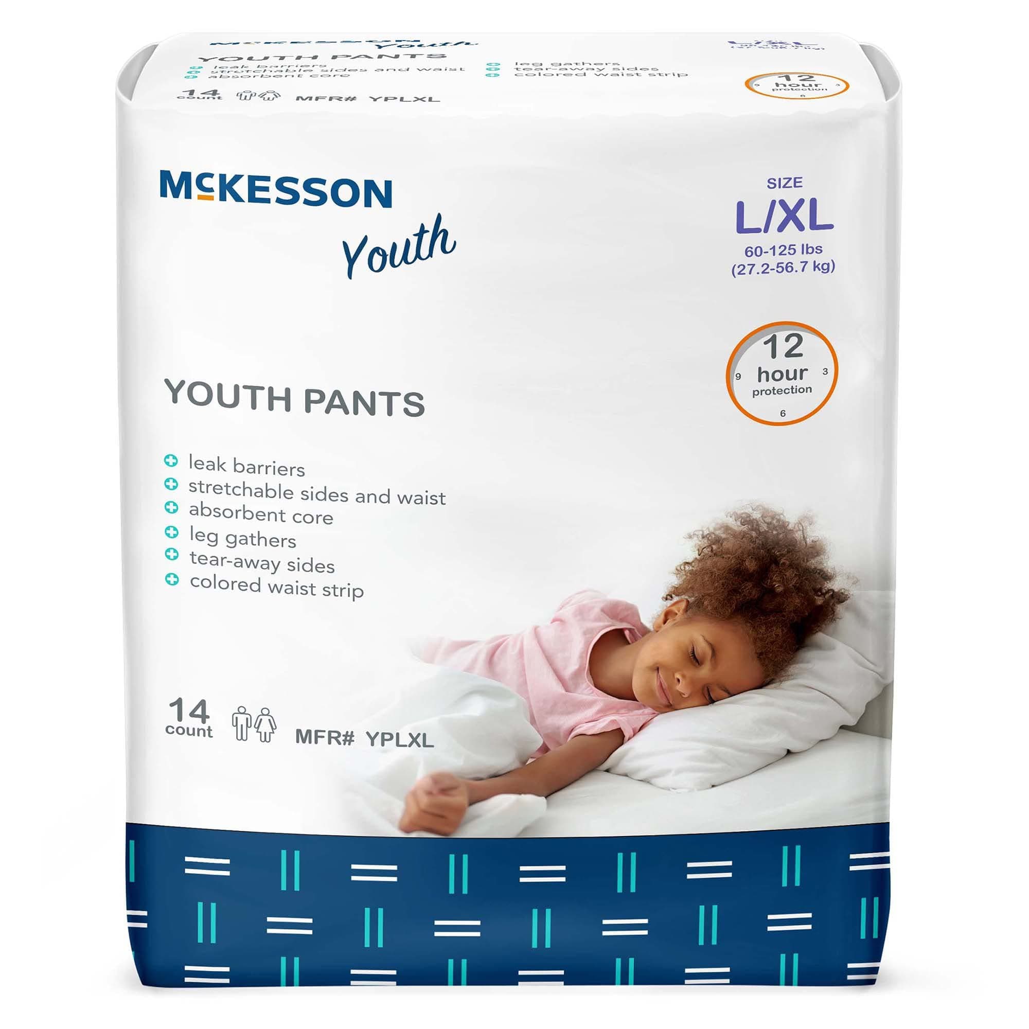 McKesson Youth Training Pants, [56 Count], Overnight Disposable Pull Up Diapers, L/XL, 60-125 lbs, Absorbent 12 Hour Leak Protection with Leg Gathers and Tear-Away Sides, for Boys or Girls, Pediatric