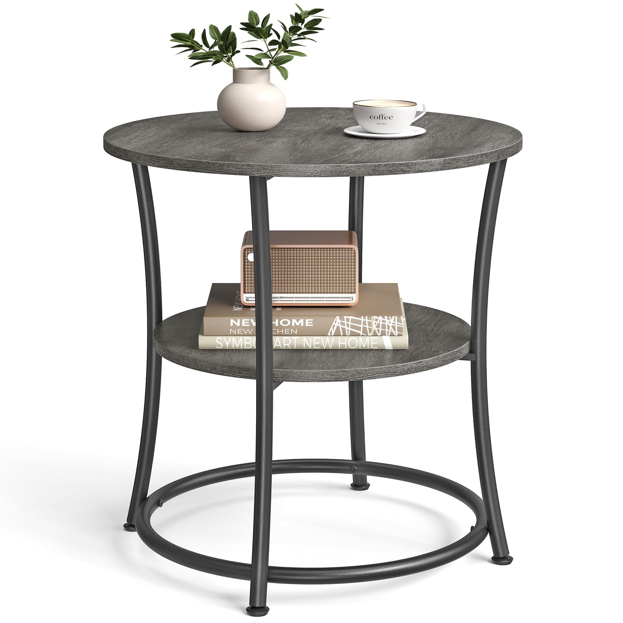 21.7-Inch Round Side Table, 2-Tier End Table, Nightstand with Steel Frame, Spacious Top, for Small Spaces, Living Room, Bedroom, Misty Gray and Ink Black ULET056G68