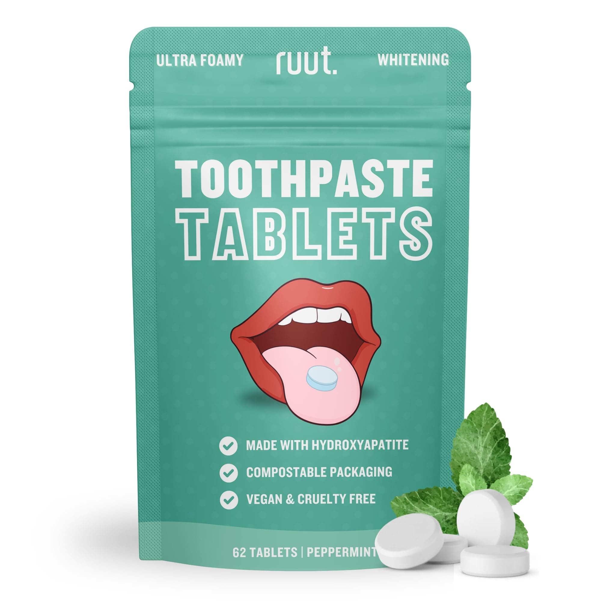 Ruut Toothpaste Tablets, Hydroxyapatite Remineralizing Eco Friendly Tablets, Fluoride Free Travel Tooth Tabs for Sensitive Teeth, Chewable Toothpaste Bites, Peppermint - 1 Month
