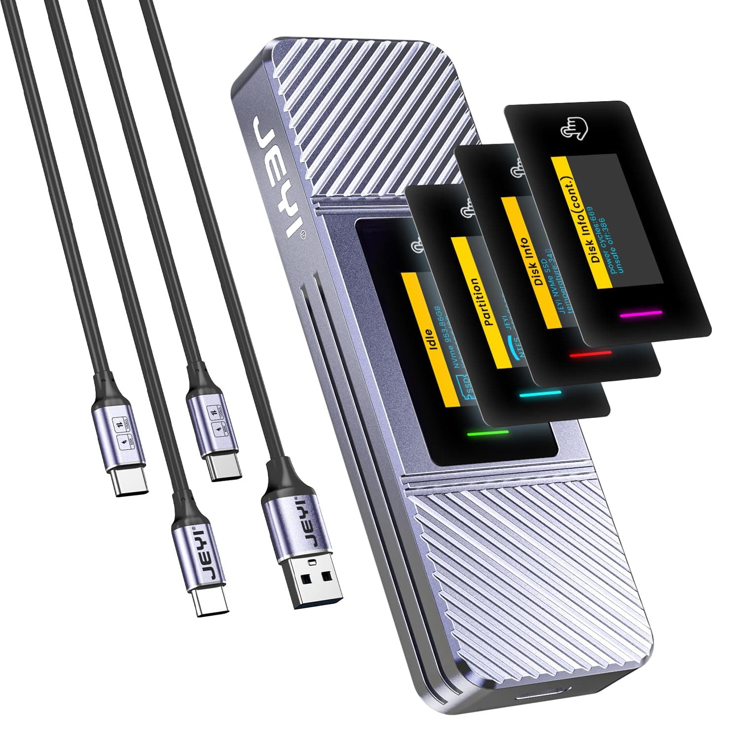 JEYI Visual Smart M.2 Enclosure with Touchscreen and RGB, USB 3.2 Gen 2 10Gbps, Compatible with 2280 NVMe/ PCIe and NGFF/ SATA SSD, External Enclosure Support UASP Trim i9X-Zebra