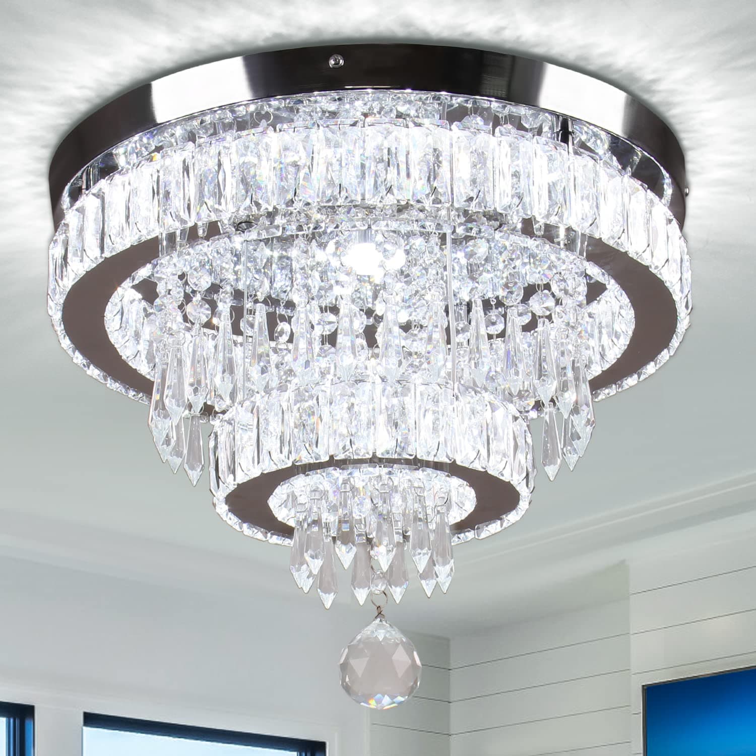15.7'' Crystal Chandeliers, Modern 2 Ring LED Ceiling Light with K9 Crystals, Semi Flush Mount Ceiling Light 6500K, Chandeliers for Dining Room Bedroom Living Room Hallway (Cool White)