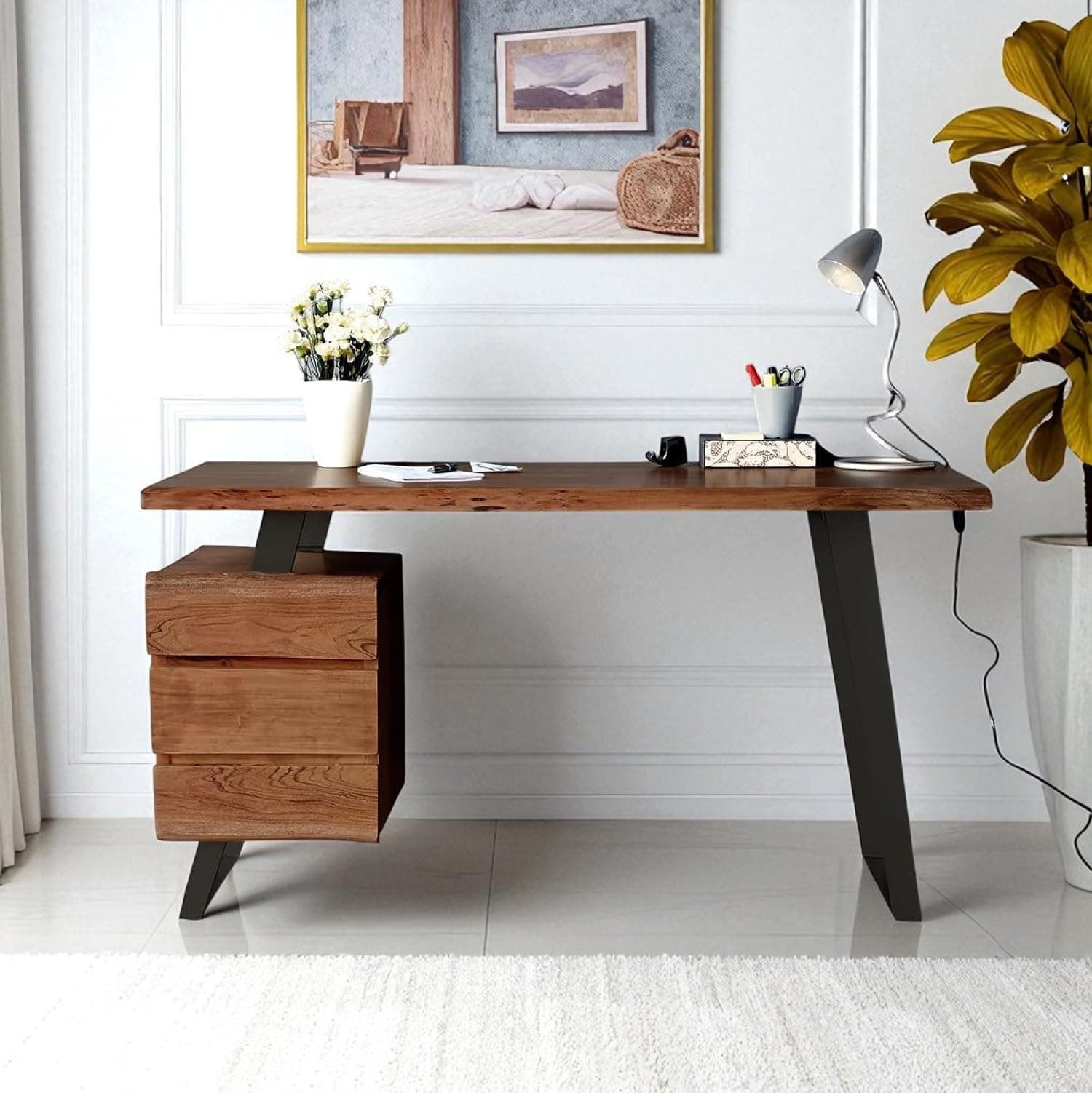 Acacia Wood Study Table with Drawer Storage Solid Wood Writing Table Computer Desk for Home Office Living Room (Brown Finish)