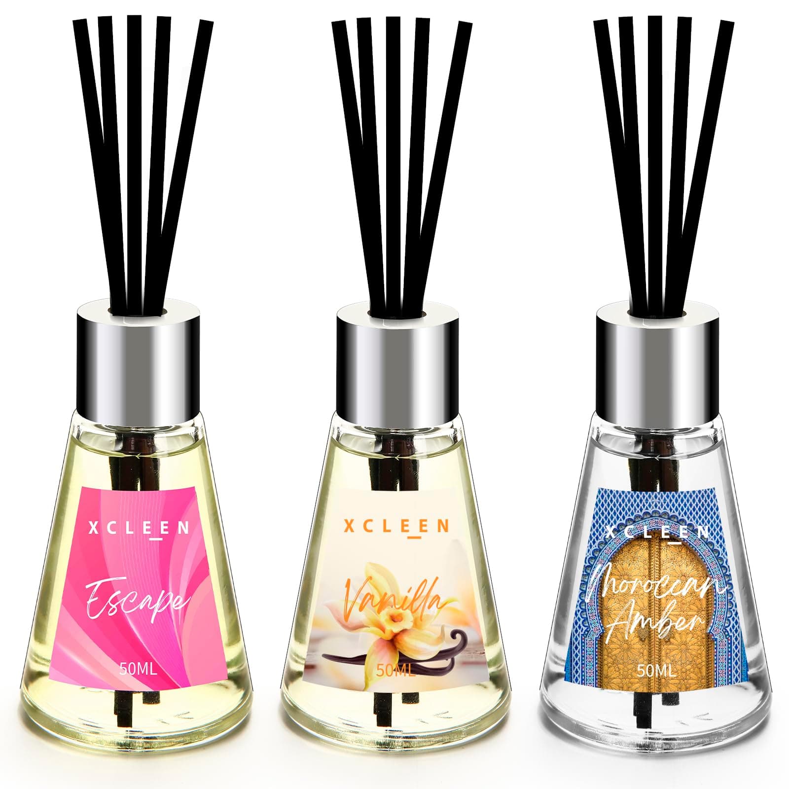 3 Pack Reed Diffuser, Scented Oil Diffuser with 15 Sticks, Escape/Vanilla/Moroccan Amber, Air Freshener for Bathroom & Office, Holiday Home Fragrance, Gift idea, Each 1.7Fl Oz, Total 5.1Oz